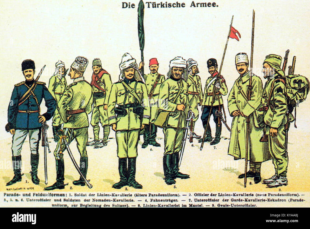 Cette œuvre de Moritz Ruhl représente l'armée turque en 1914, montrant des uniformes de parade et de campagne, illustrant les tenues militaires et l'organisation militaire ottomane du début du XXe siècle. Banque D'Images