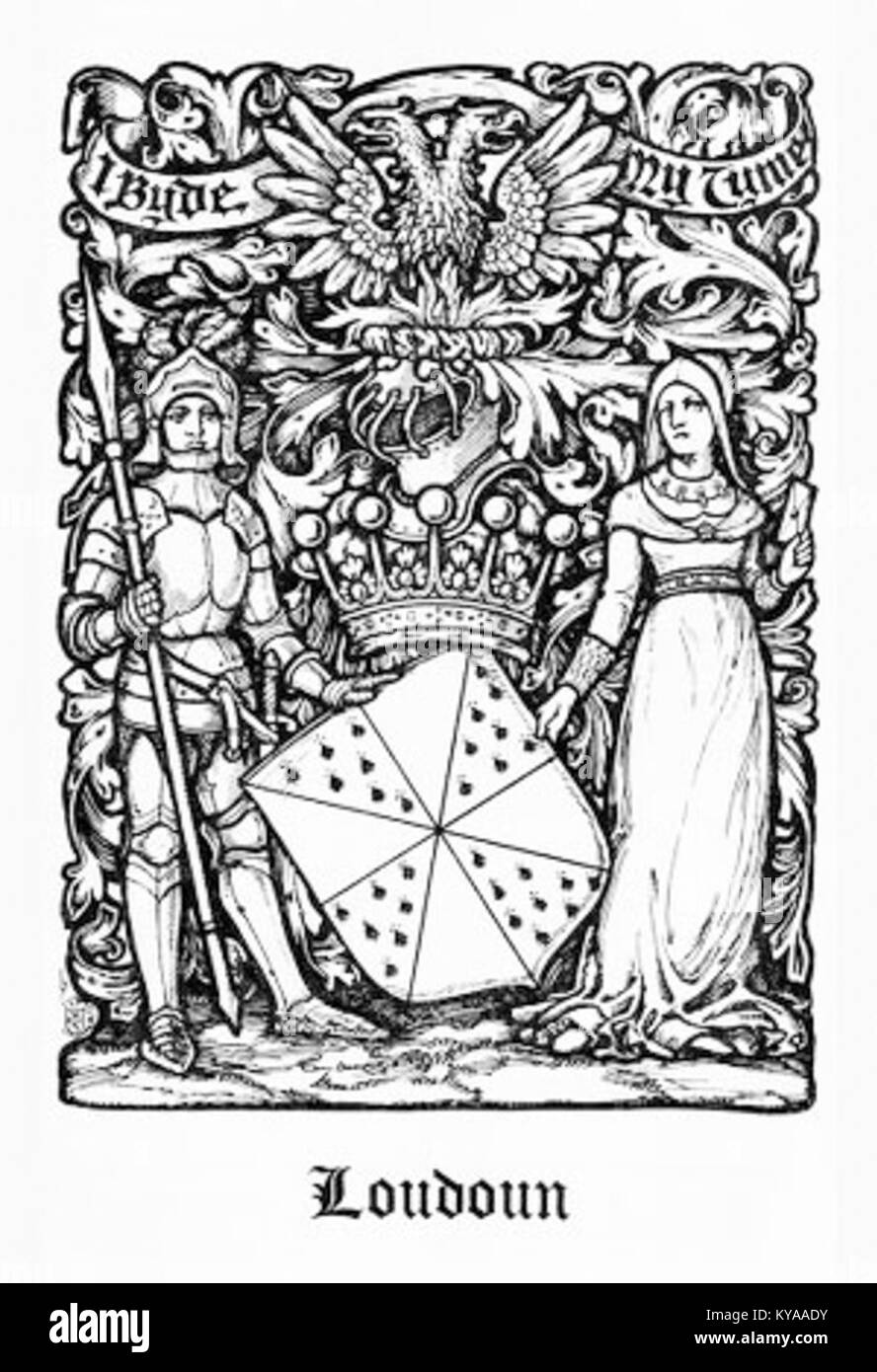 Les armoiries de la famille Loudoun de *la pairie écossaise*, affichant des symboles héraldiques et des éléments représentant la noblesse et la lignée écossaises. Banque D'Images