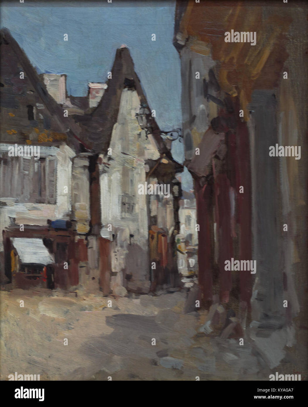 Une peinture de Nicolae Grigorescu, un artiste roumain éminent, représentant un coin de rue à vitré, mettant en valeur la vie urbaine roumaine du XIXe siècle et le style artistique de Grigorescu. Banque D'Images