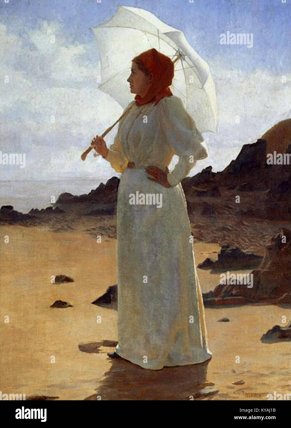 'La femme en blanc' de René Schützenberger représente une femme dans une robe blanche, capturant son élégance et sa grâce. L’œuvre se concentre sur la représentation de la figure féminine dans l’art classique, mettant l’accent sur la beauté et la féminité. Banque D'Images