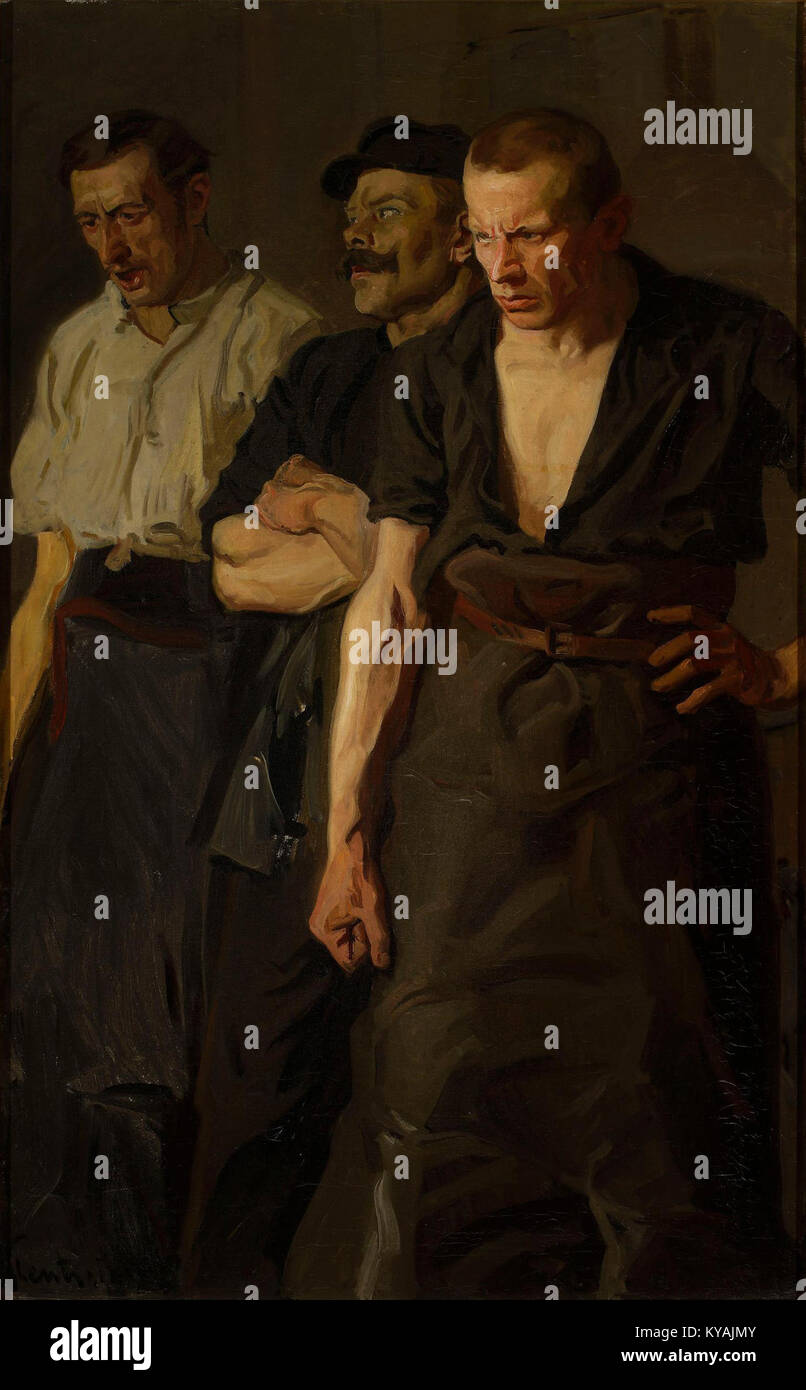 'Strajk' de Stanislaw Lentz dépeint une grève du travail, illustrant les travailleurs, les milieux industriels et les tensions sociales, soulignant les droits des travailleurs au début du XXe siècle en Pologne. Banque D'Images