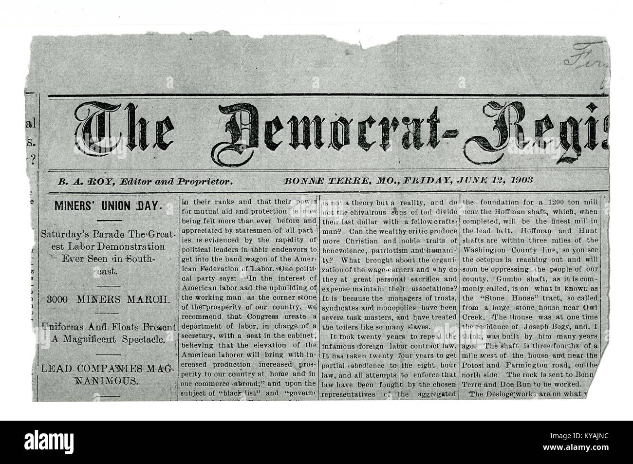 Coupure de journal du Democrat Register, bonne Terre, Missouri, 12 juin 1903, reportage sur la Journée syndicale des mineurs, soulignant les activités syndicales et les événements historiques liés aux mouvements de travailleurs. Banque D'Images