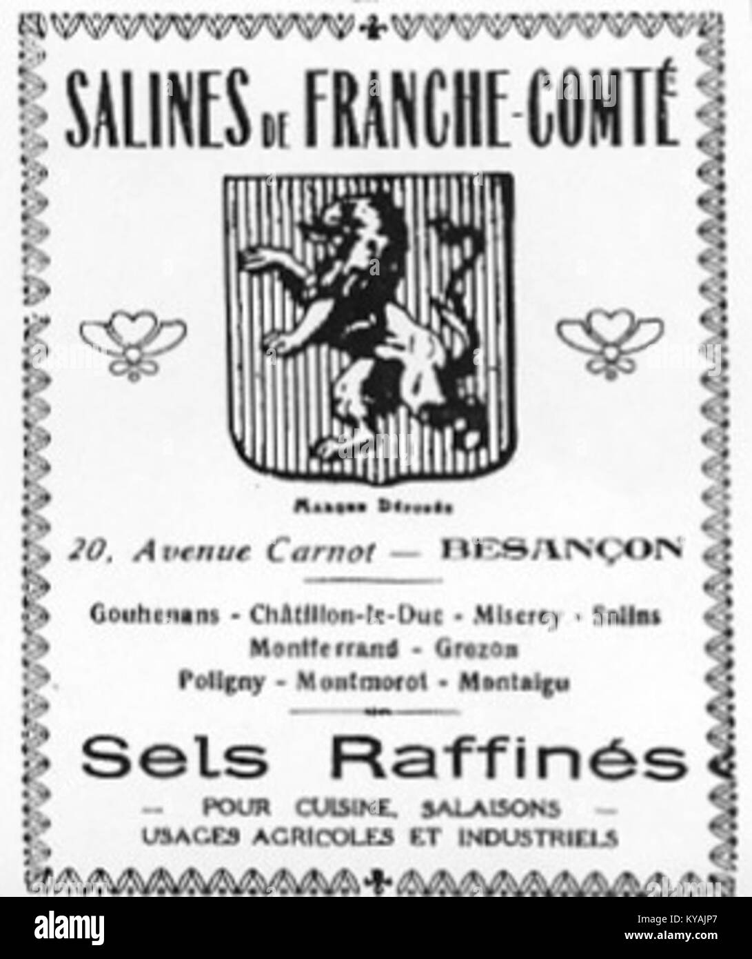 Logo représentant les Salines de Franche-Comté, site historique de production de sel en Franche-Comté, reflétant le patrimoine industriel et l’identité régionale. Banque D'Images