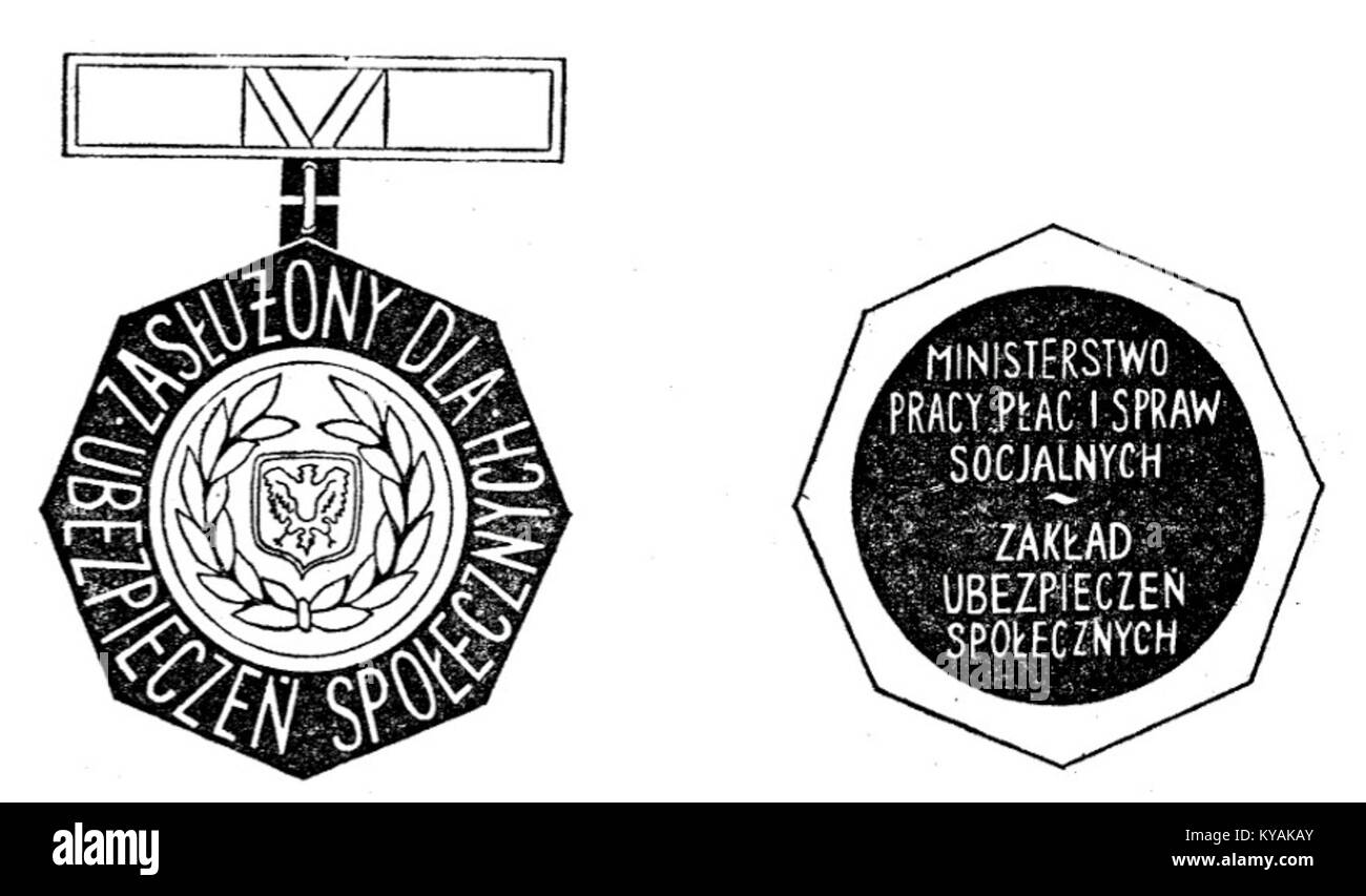 Le badge « Zasłużony DLA Ubezpieczeń Społecznych » est un prix polonais de reconnaissance pour des services distingués dans le domaine de l'assurance sociale, honorant les contributions individuelles à la protection sociale et aux services sociaux. Banque D'Images