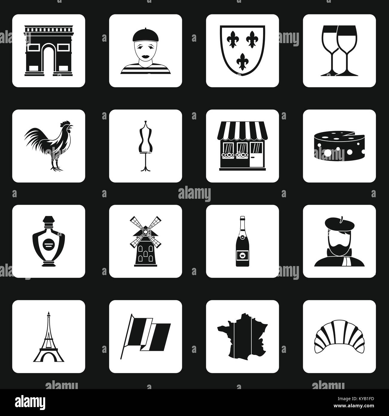 France travel icons set dans les carrés blancs sur fond noir simple style vector illustration Illustration de Vecteur