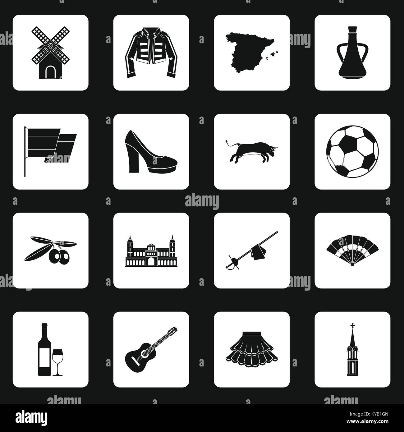 Spain travel icons set dans les carrés blancs sur fond noir simple style vector illustration Illustration de Vecteur