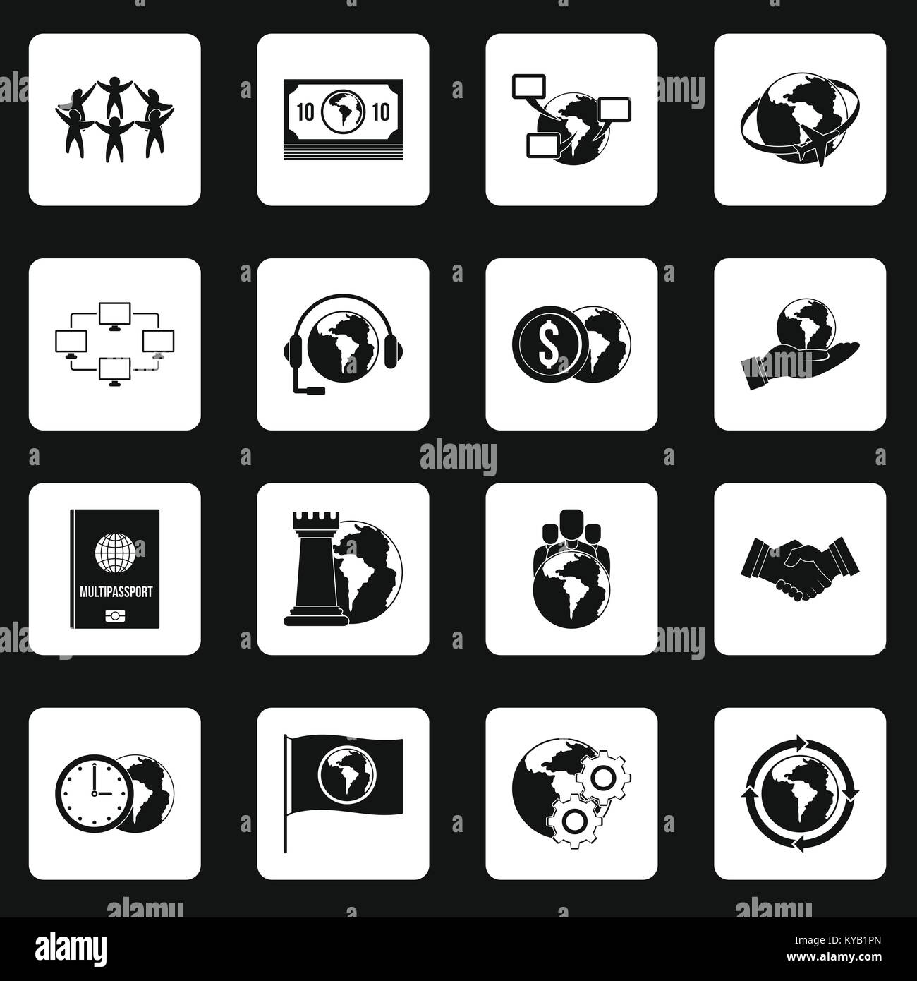 Connexions mondiales icons set dans les carrés blancs sur fond noir simple style vector illustration Illustration de Vecteur