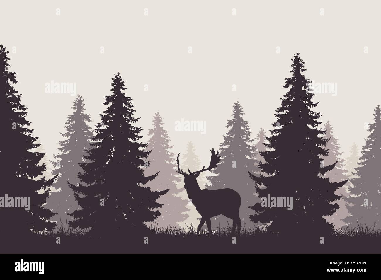 Une forêt de conifères rétro avec une silhouette d'un daim - vector Illustration de Vecteur