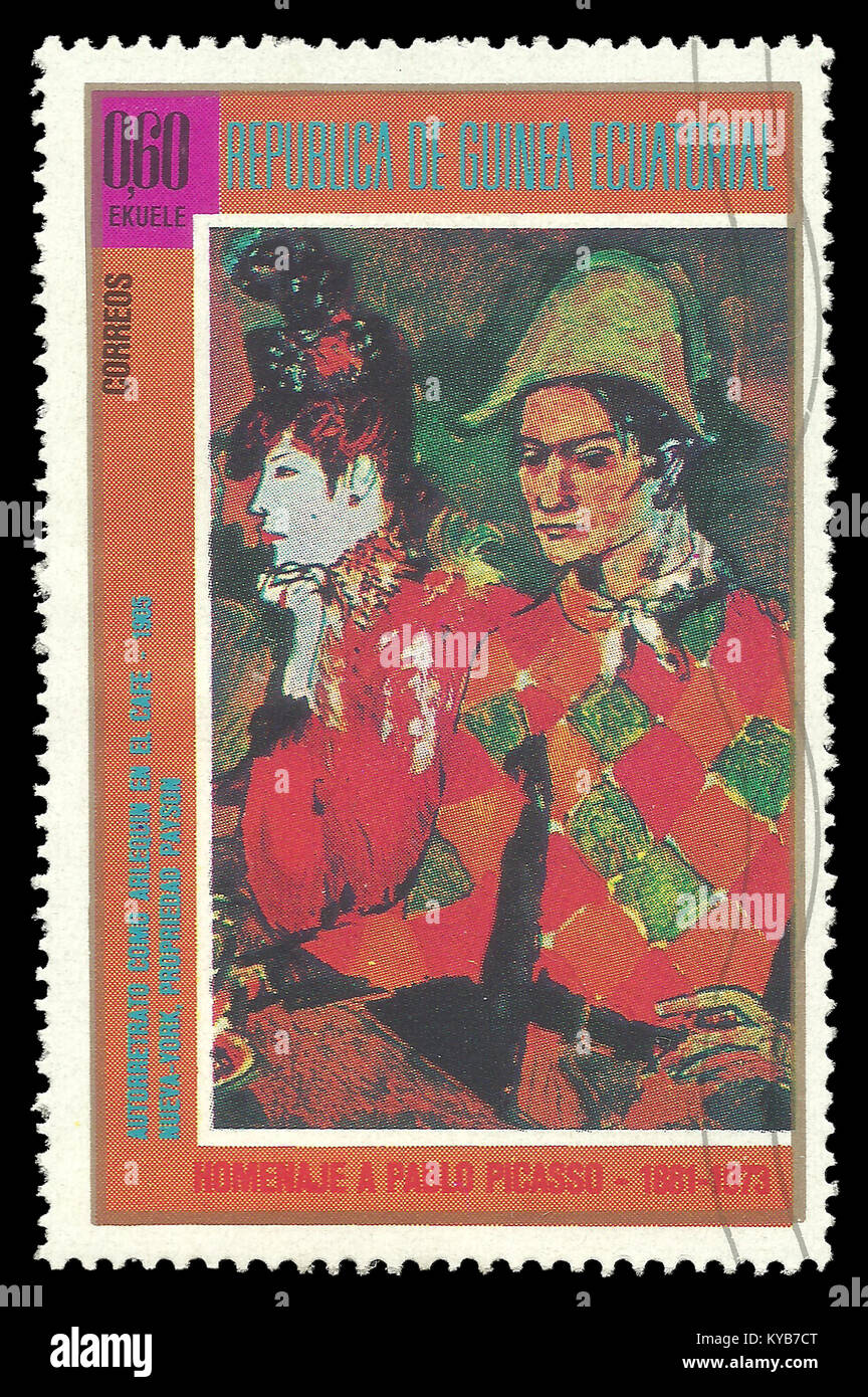 Guinée Équatoriale - timbres en 1974 : Edition de couleur sur l'art, la peinture montre Self Portrait comme les arlequins dans cafe de Picasso Banque D'Images