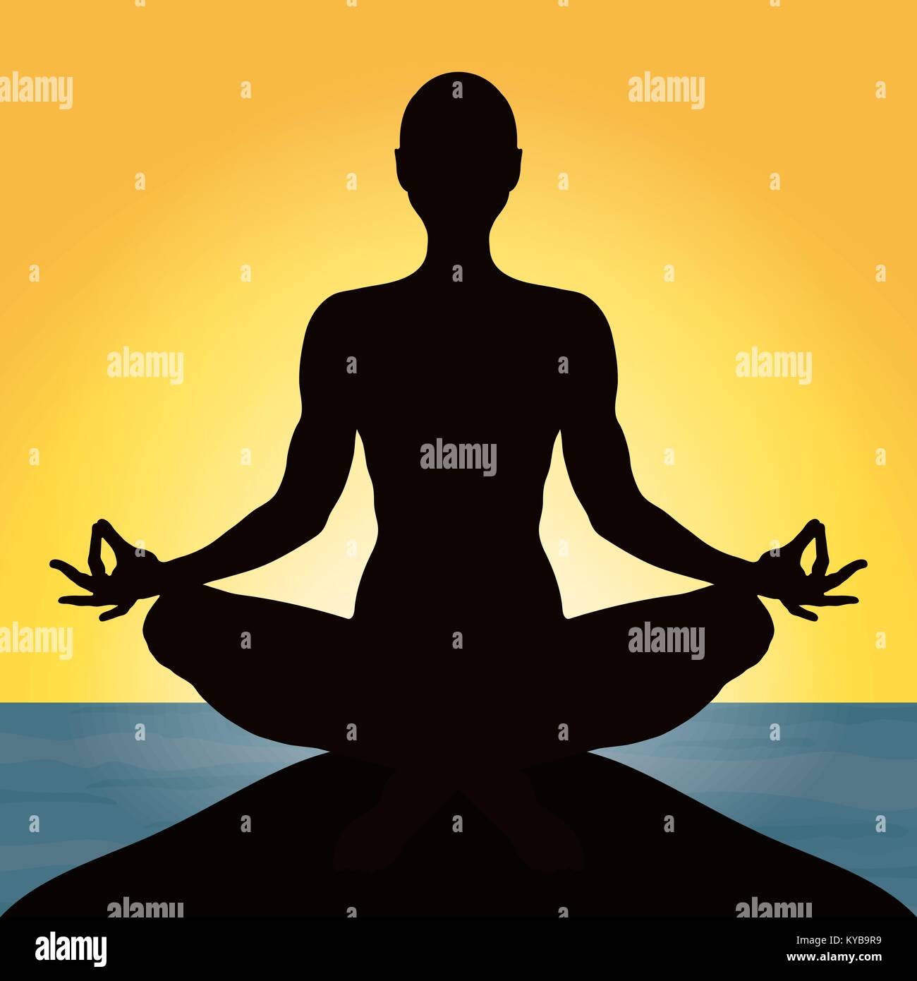 Yoga, figure d'un homme assis dans un lotus poser sur le fond de la mer et le coucher du soleil, le vecteur silhouette. La relaxation méditation sur la plage, contours portrait, dessin de contour Illustration de Vecteur
