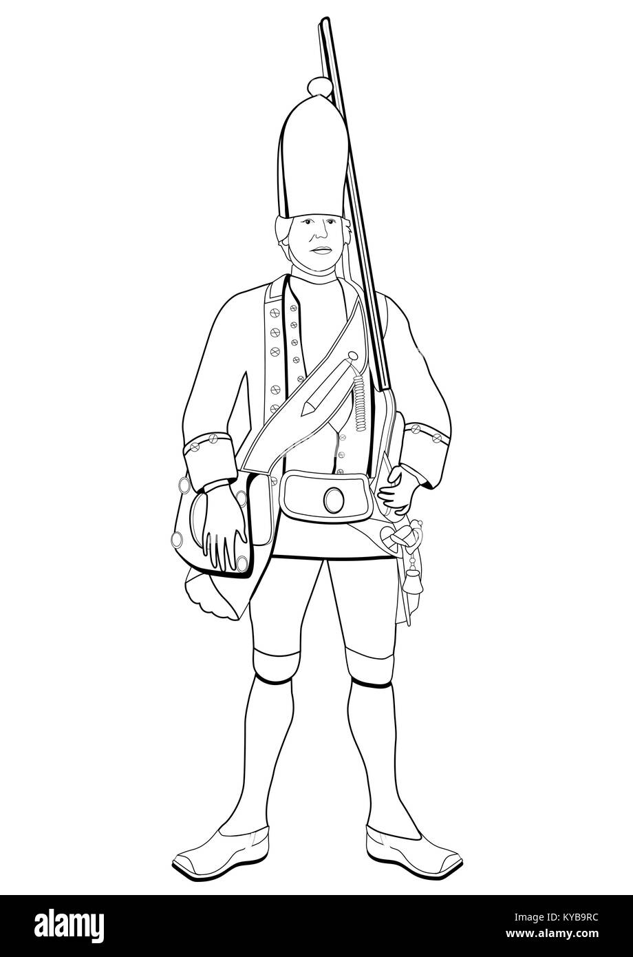 Grenadier, vector dessin à colorier. Soldat vêtu de vieux militaire uniforme avec un fusil sur son épaule, croquis, esquisse peinte portrait, illustration en noir et blanc. Isolé sur fond blanc Illustration de Vecteur