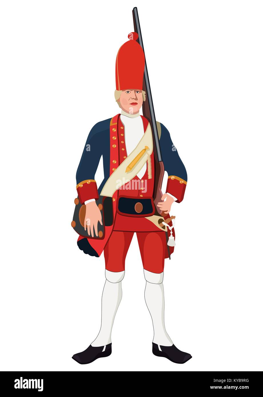 Grenadier, dessin vectoriel. Soldat vêtu de vieux militaire uniforme avec un fusil sur son épaule, peint le portrait. Isolé sur fond blanc Illustration de Vecteur