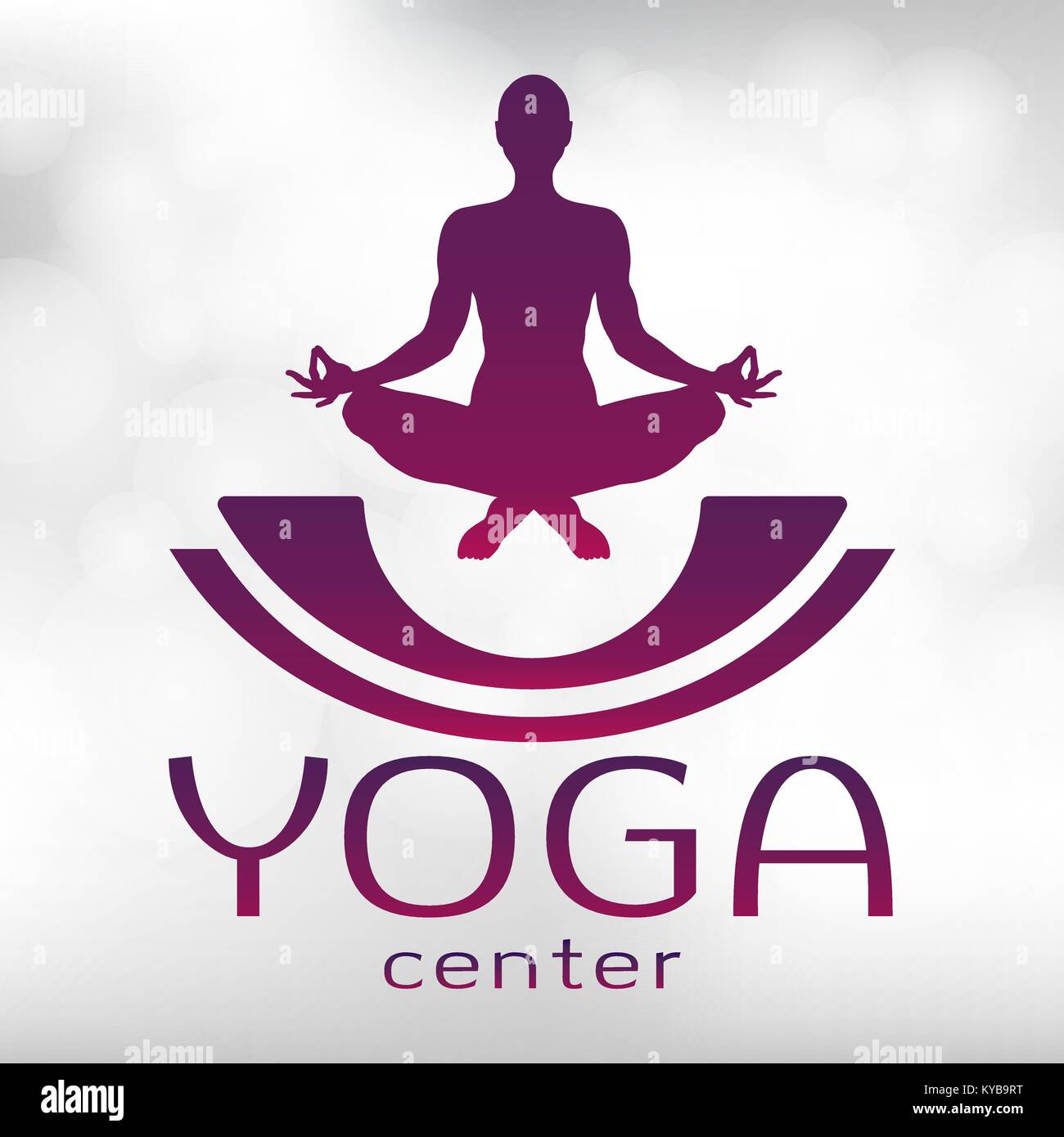 Logo Yoga, vector icône, emblème de yoga center. La figure d'un homme assis dans un lotus pose, silhouette vecteur. La relaxation méditation avec une police sur un fond clair texturé avec des points culminants Illustration de Vecteur