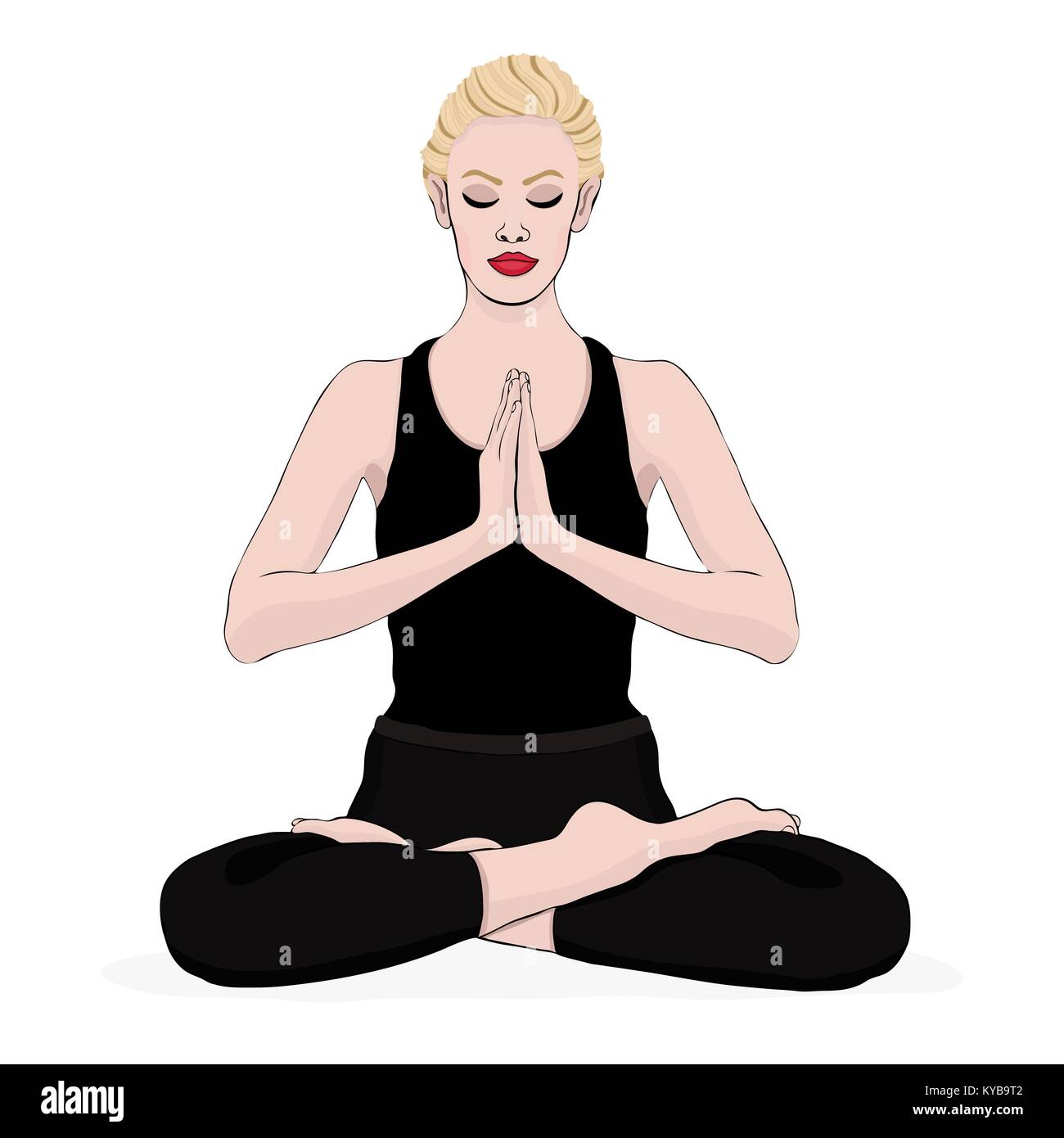 Yoga pose, femme méditant dans un lotus pose, vector dessin multicolore portrait. Relaxation méditation cartoon girl assis en tailleur et les mains jointes sur la poitrine. Isolé sur fond blanc Illustration de Vecteur