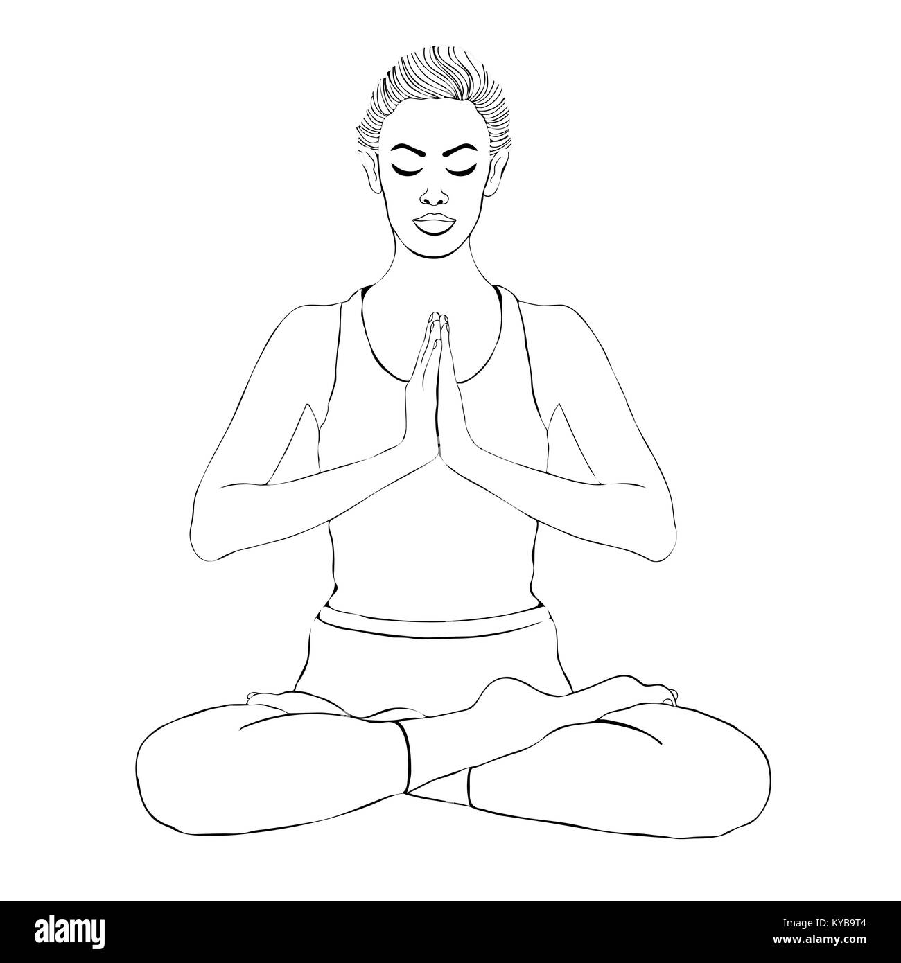 Yoga pose, femme méditant dans un lotus posent, vecteur en portrait. Relaxation méditation fille assise en tailleur, contour noir et blanc illustration. Isolé sur fond blanc Illustration de Vecteur