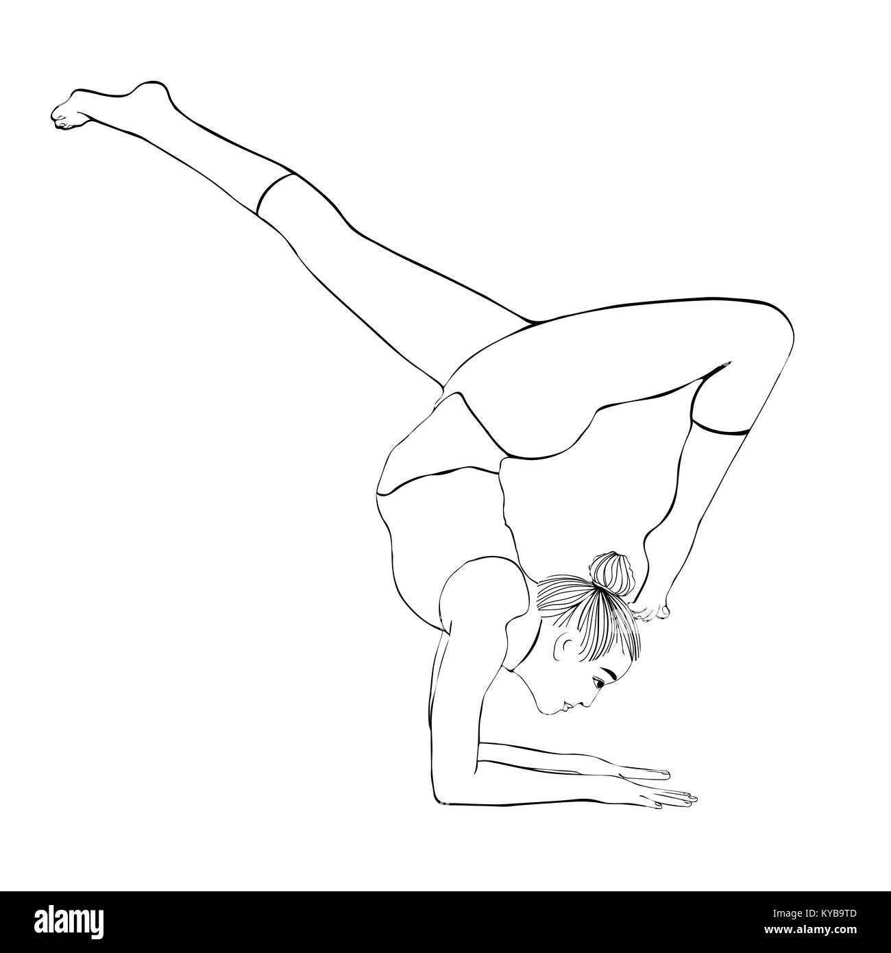 Yoga pose, femme, à l'atr coloriage portrait dessin vectoriel. La méditation, s'est engagé dans une, elle prépare un stand sur les mains, les contours noir et blanc illustration. Isolé sur fond blanc Illustration de Vecteur