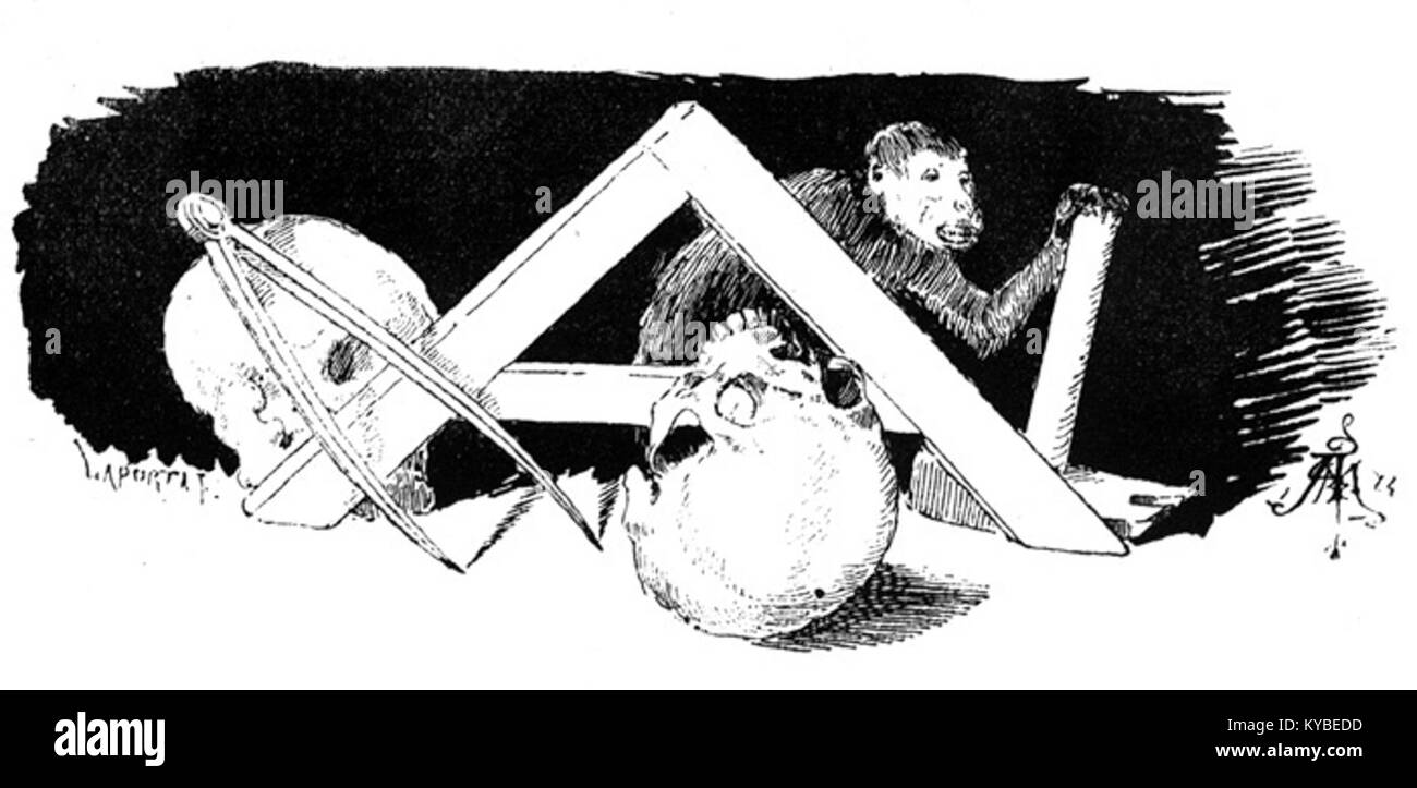 Illustration tirée de Galdós 'la Segunda casaca' montrant une boussole, un carré et un crâne, représentant des éléments symboliques dans une œuvre littéraire. Banque D'Images