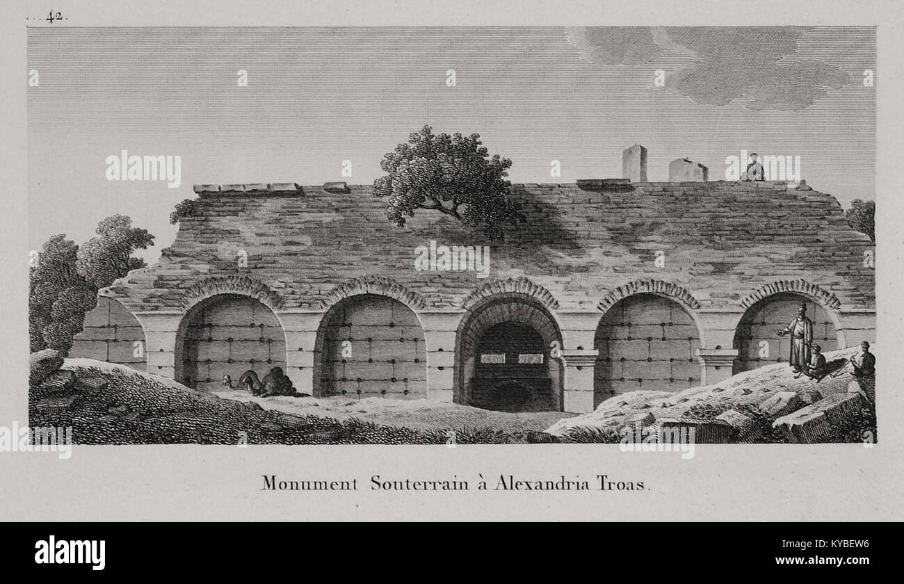 Le Monument souterrain à Alexandrie Troas, représenté par Choiseul-Gouffier, est un site archéologique de la Grèce antique. Le monument, représenté dans une illustration de 1822, révèle la grandeur des structures souterraines de la ville antique. Il reflète l'architecture de l'ancienne civilisation et leur contribution aux monuments historiques. Banque D'Images