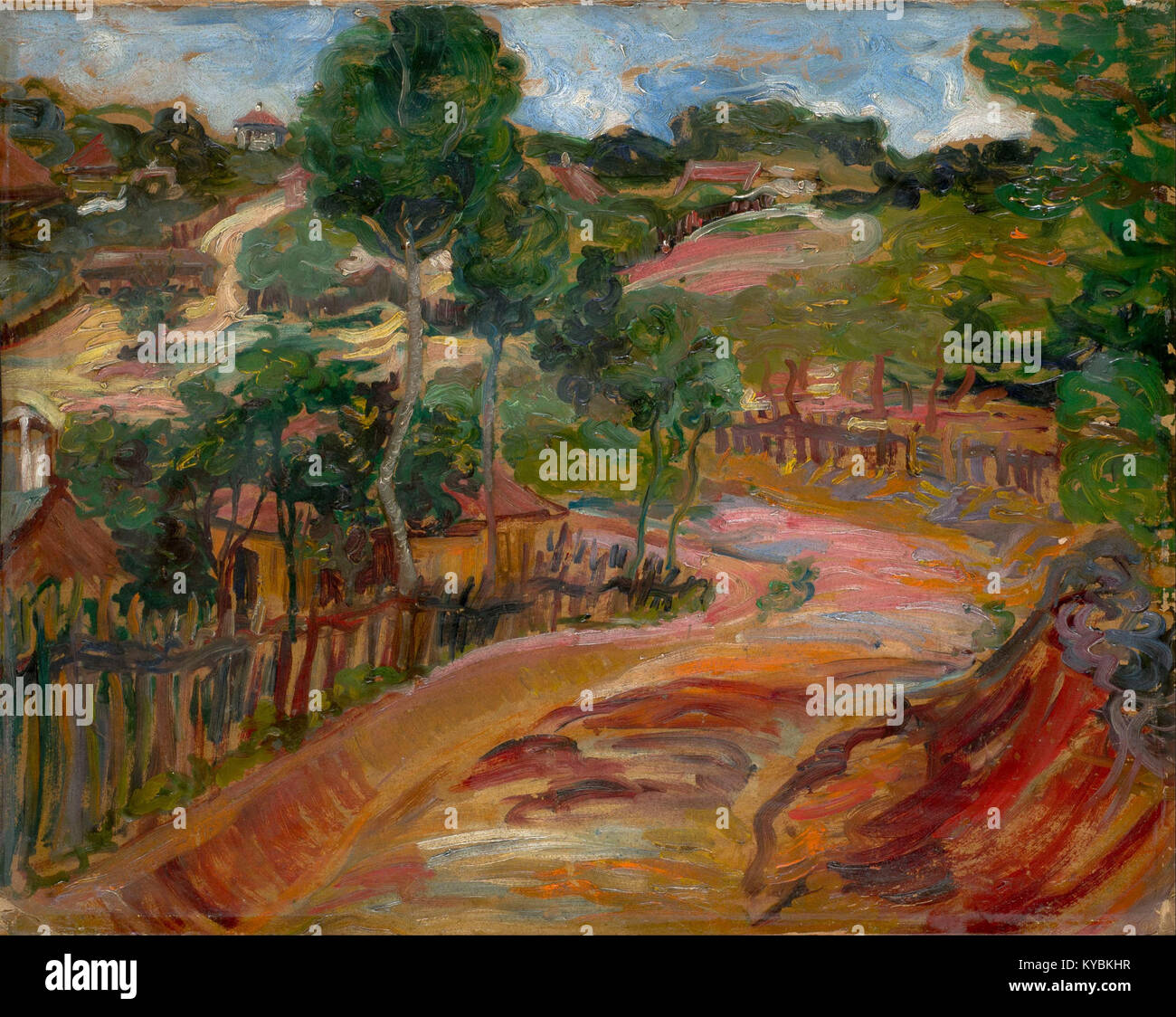 Nadežda Petrović, une peintre serbe de renom, a capturé son œuvre 'Resnik' au début du XXe siècle, représentant la vie rurale et les paysages de la Serbie. Son style expressionniste se reflète dans cette peinture, mettant en valeur son habileté à dépeindre des scènes locales avec une intensité émotionnelle vive. Banque D'Images
