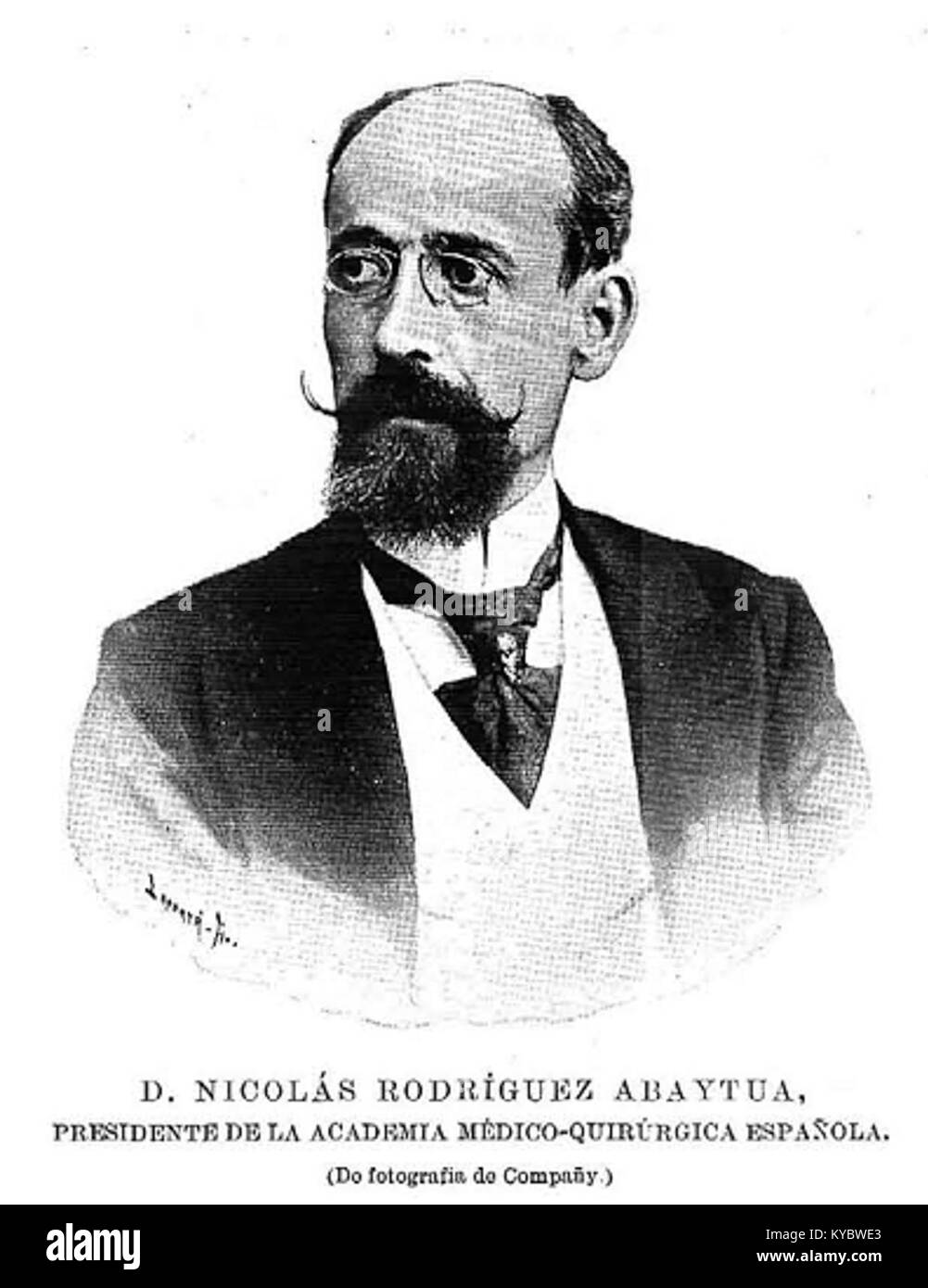 Cette illustration publiée le 30 octobre 1896 dans la Ilustración Española y Americana représente Nicolás Rodríguez Abaytua en tenue d'époque, accompagnée de texte et de bordures décoratives. Banque D'Images