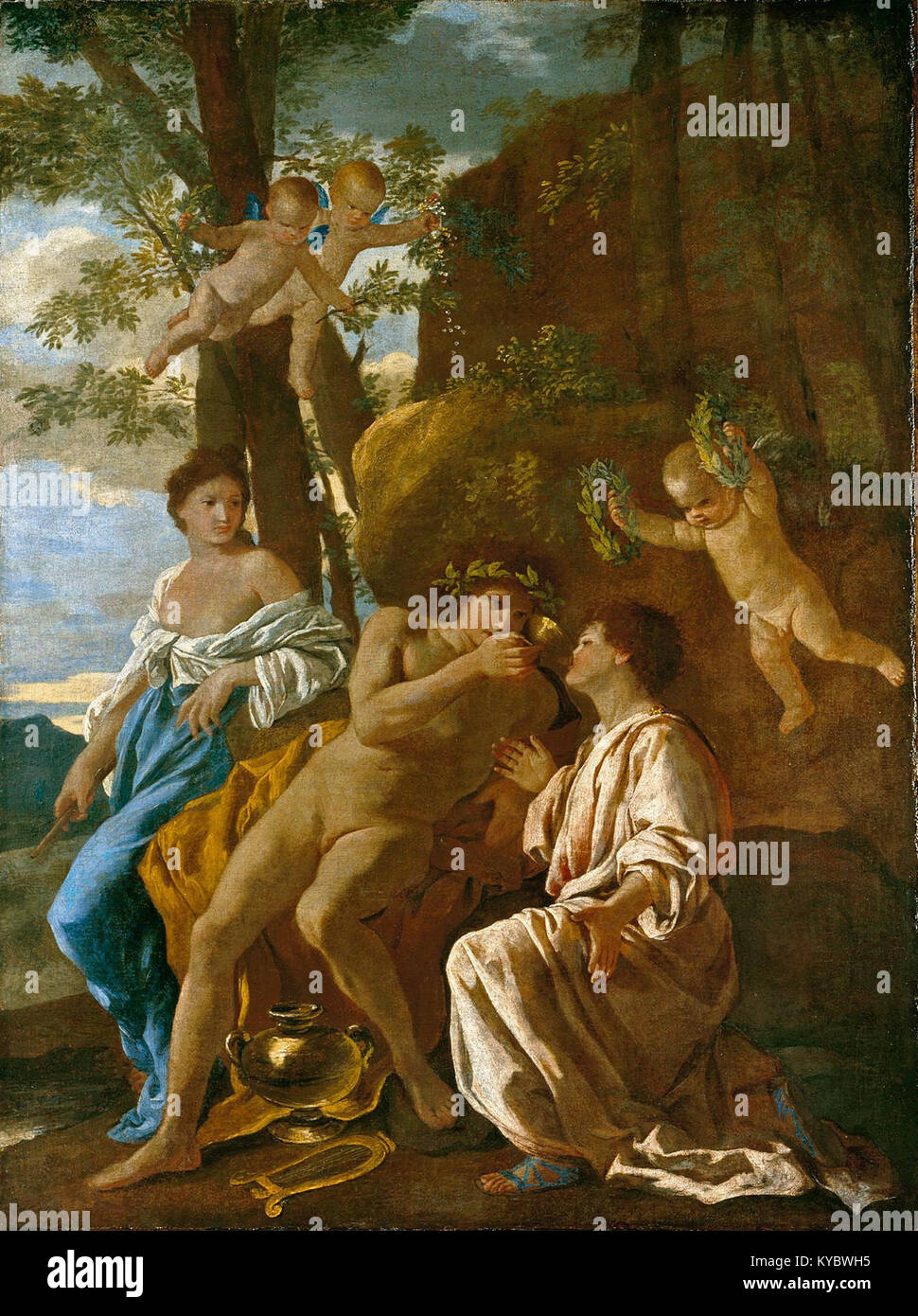 L’inspiration du poète est une peinture à l’huile sur toile réalisée vers 1629 par Nicolas Poussin, conservée au Niedersächsisches Landesmuseum à Hanovre, montrant une scène mythologique dans laquelle le Dieu Apollon et une Muse inspirent un poète assis entouré de motifs classiques. Banque D'Images