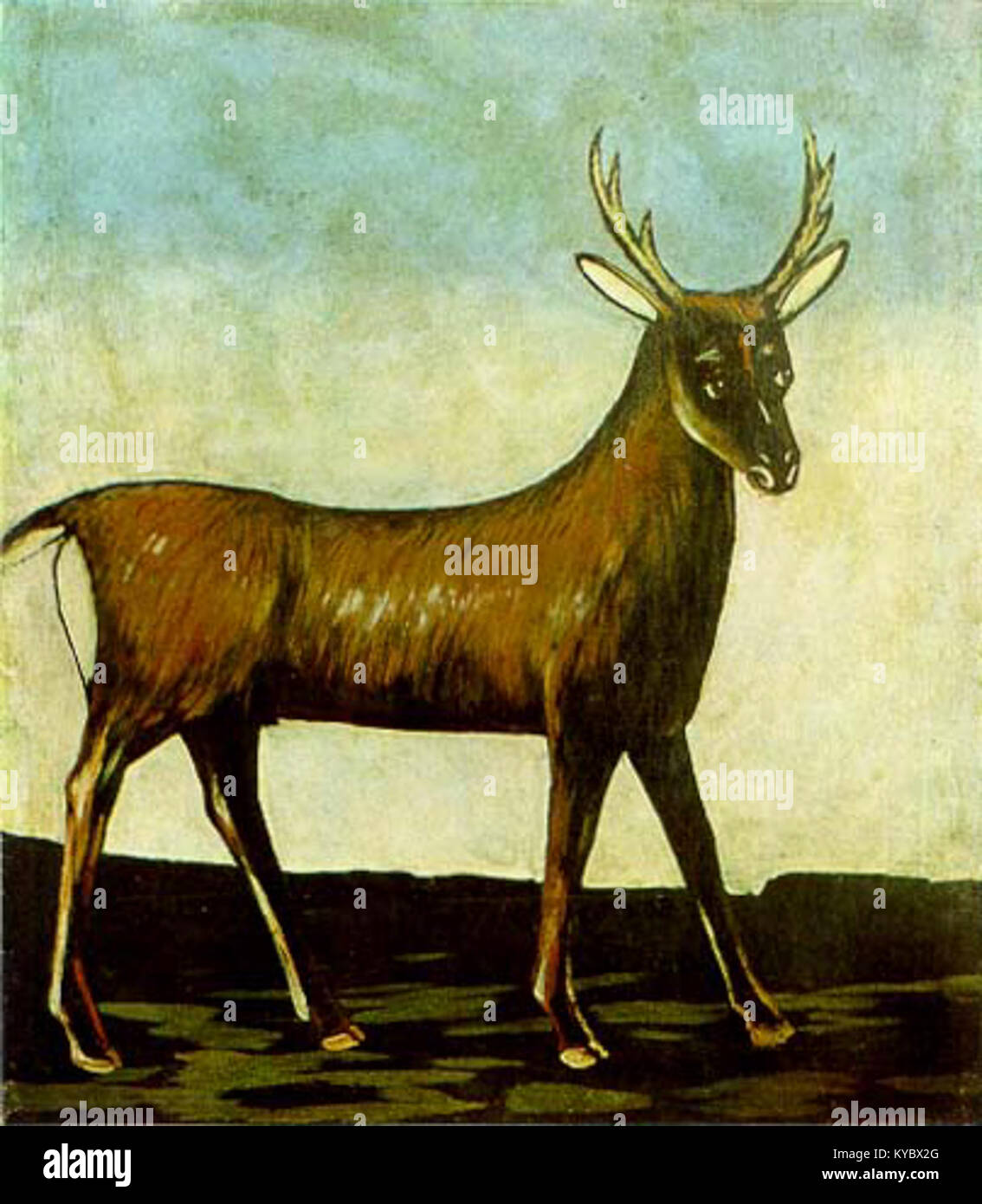 « Un cerf » de Niko Pirosmani est une peinture de style naïf d’un cerf mesurant 91 sur 104 cm, caractéristique de ses formes simplifiées et de son imagerie animalière expressive. Banque D'Images