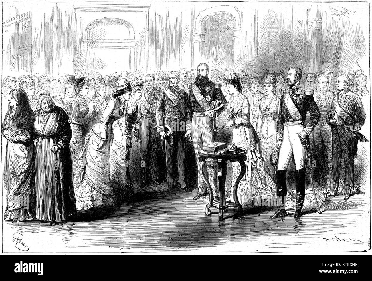 Une représentation de l'anniversaire de mariage en argent (noces d'argent) du roi Léopold II et de la reine Marie-Henriette de Belgique en 1878, capturée par l'artiste Janet, marquant une célébration royale dans l'histoire de la Belgique. Banque D'Images