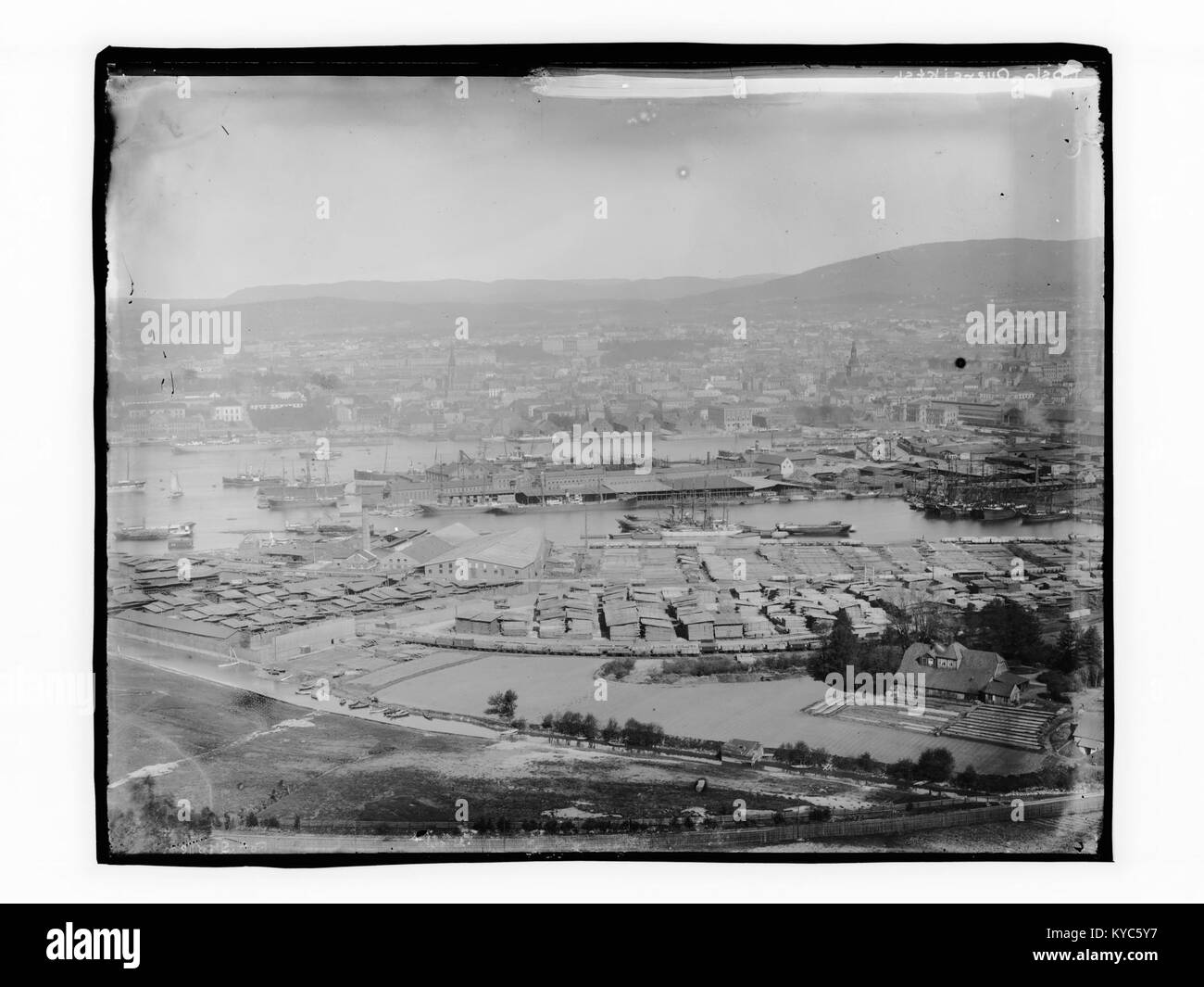 Vue panoramique depuis la colline d'Ekeberg à Oslo, Norvège, surplombant la baie de Bjørvika et le Palais Royal, montrant des paysages urbains et riverains. Banque D'Images