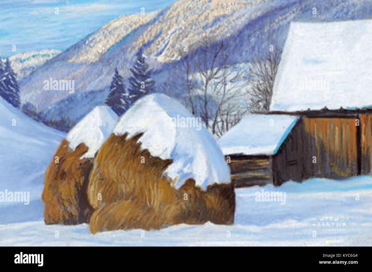 Une peinture de paysage hivernal de l'artiste autrichien Otto Barth intitulée « Schneelandschaft » dépeint un terrain enneigé avec une lumière et une ombre subtiles, illustrant le paysage alpin du début du XXe siècle Banque D'Images