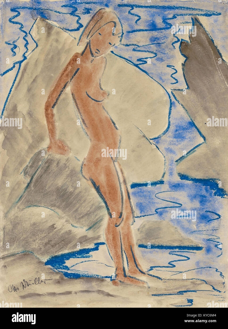 Cette peinture d'Otto Mueller, *Stehendes Mädchen am steinigen Ufer*, représente une femme debout près d'un rivage rocheux. L'œuvre reflète le style de Mueller, qui est souvent noté pour son intensité émotionnelle et ses contrastes de couleurs vifs. Banque D'Images