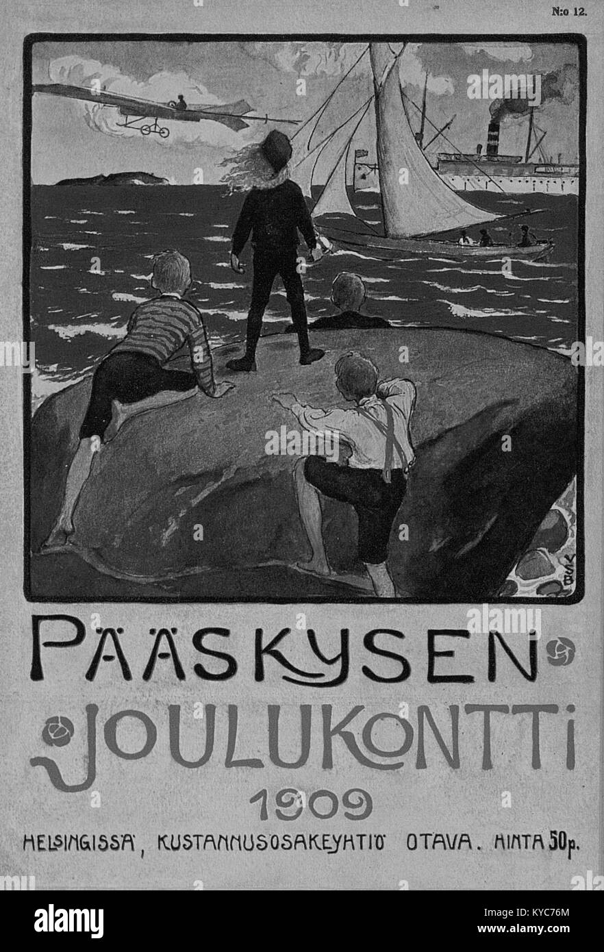 Numéro 12 de la publication finlandaise 'Pääskynen' datée du 1er décembre 1909, présentant un texte finlandais du début du XXe siècle et un contenu culturel. Banque D'Images