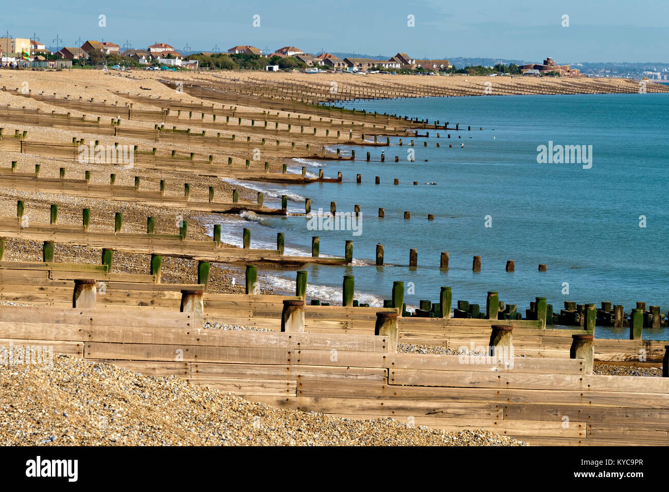 Plage de galets des éperons de contrôle de l'érosion côtière longshore drift défenses, Eastbourne, East Sussex, England, UK Banque D'Images