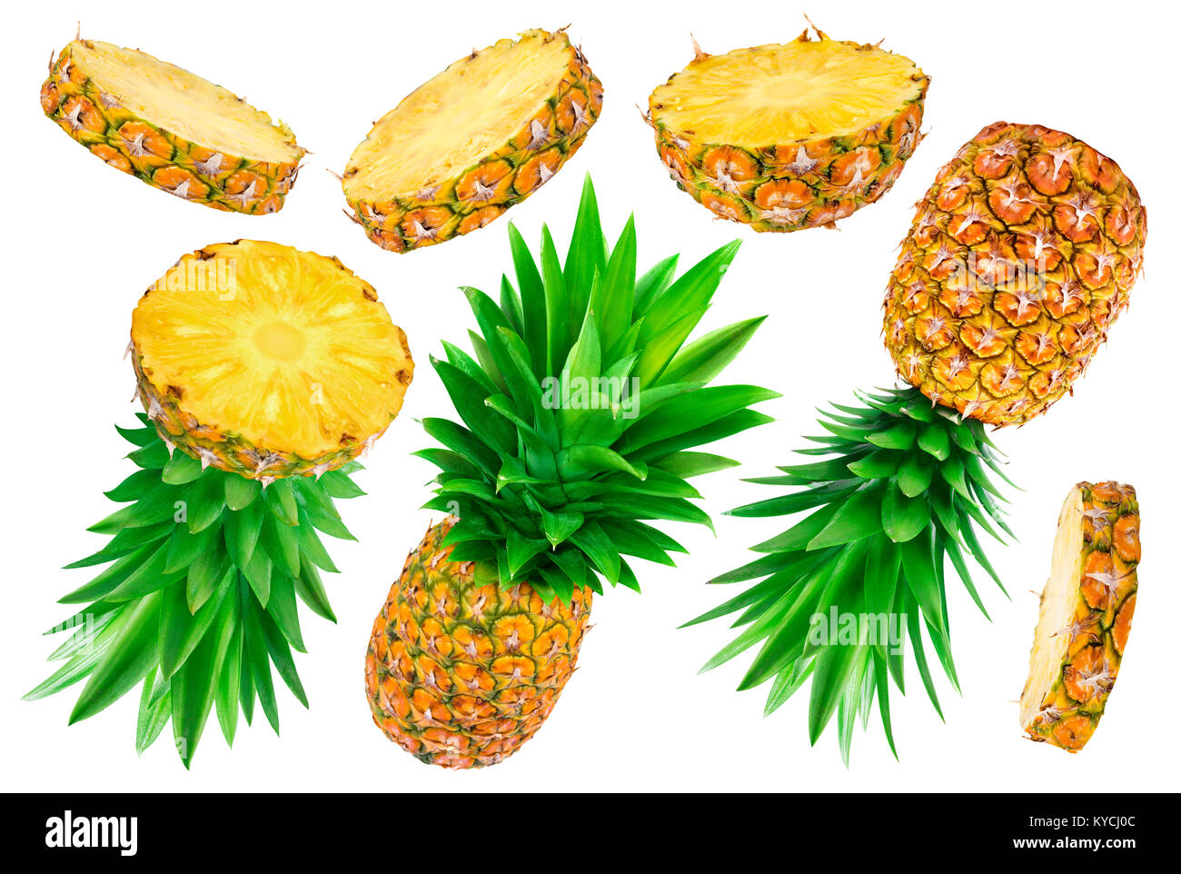 Collection d'ananas. Ananas entières et tranchées isolé sur fond blanc Banque D'Images