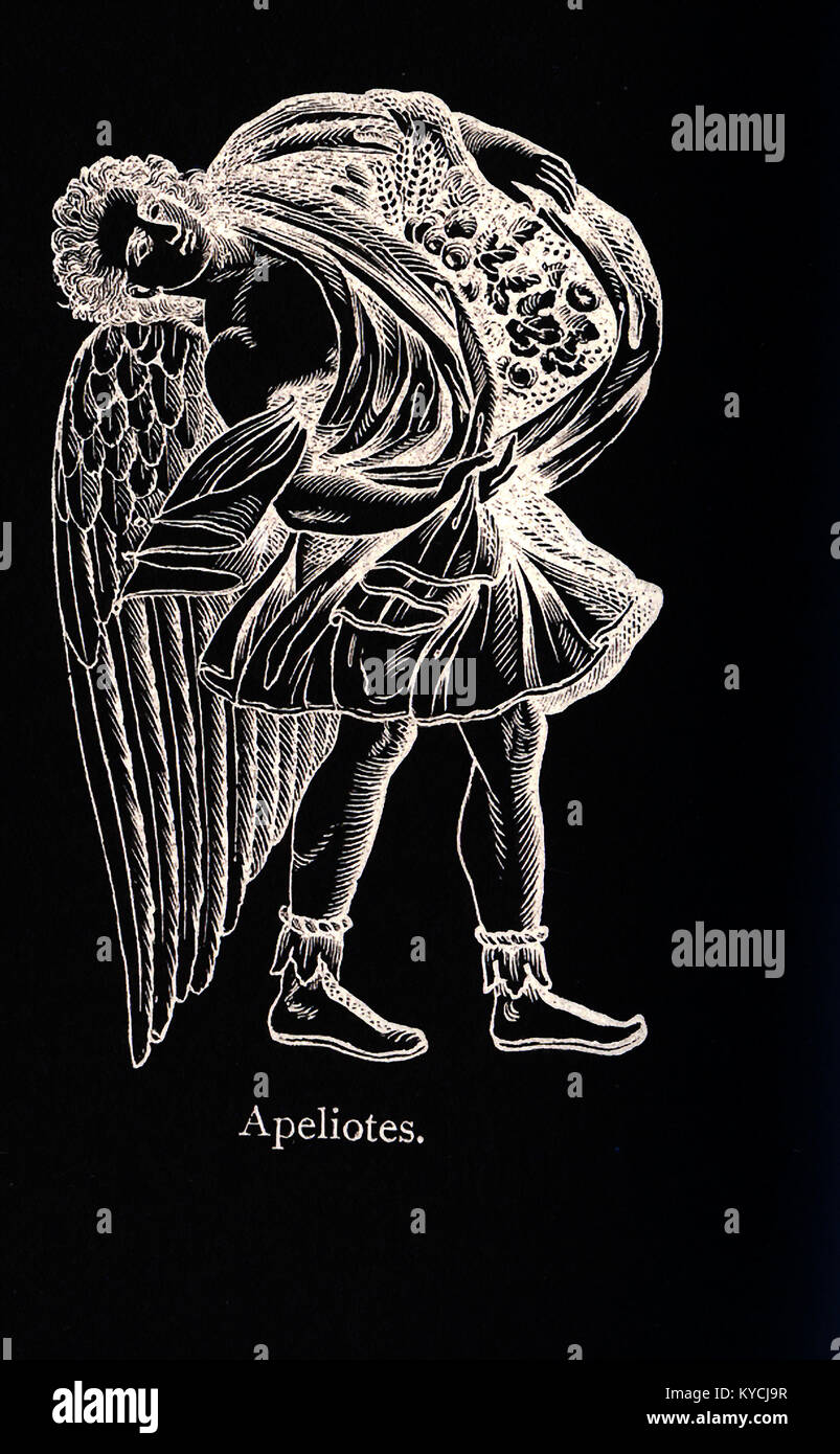 La figure ci-contre, selon la mythologie grecque, est Apeliotes, dieu du vent du sud-est, qui a été associée à une bonne pluie. Ainsi, dans l'art, on lui a montré l'exercice fruits et drapé dans un tissu fleurs cachées ou de grain. En général, il avait montré la tenue d'un étambot du navire parce que quand le vent soufflait du sud-ouest sous forme d'Athènes dans le port de port du Pirée, les navires ne pouvaient pas naviguer. Zéphyr était le dieu de l'ouest vent. Zéphyr était le plus doux des vents et considéré comme un signe avant-coureur du printemps. Il a été photographié avec des fleurs qui ont indiqué une légère brise légère. Eurus, ou d'euros, était le dieu de t Banque D'Images