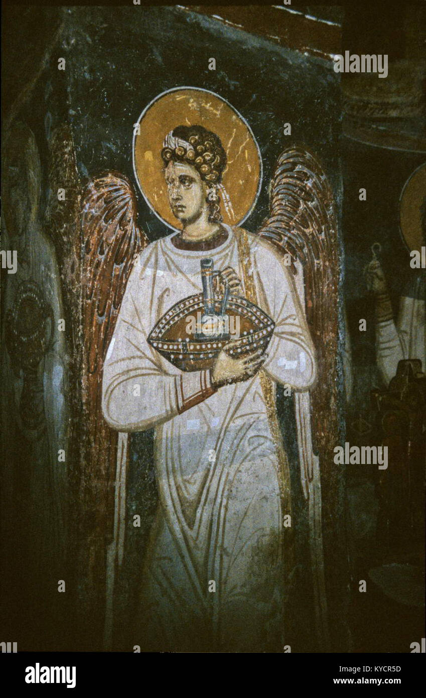 Les peintures religieuses de l’église Demetrius, Markova Susica, Europe de l’est, illustrent des thèmes chrétiens orthodoxes et symbolisent le patrimoine artistique et culturel de la région. Banque D'Images