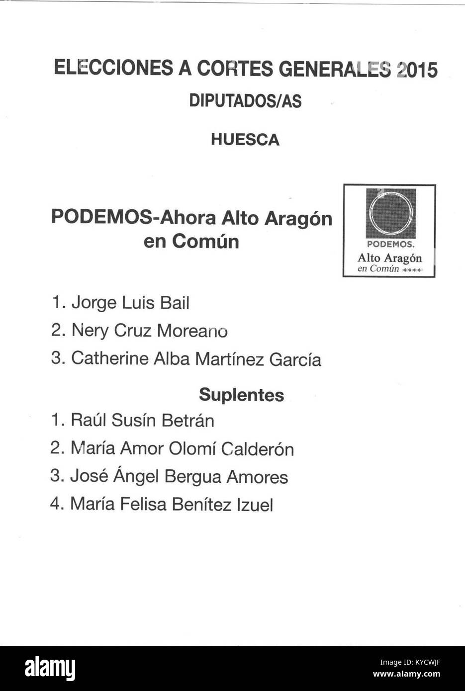 Cette image présente un pamphlet politique du parti 'Podemos Ahora Alto Aragón en Común'. Le document fait partie du paysage politique espagnol, en se concentrant sur les questions régionales dans la région du Alto Aragón et les mouvements politiques plus larges en Espagne. Banque D'Images