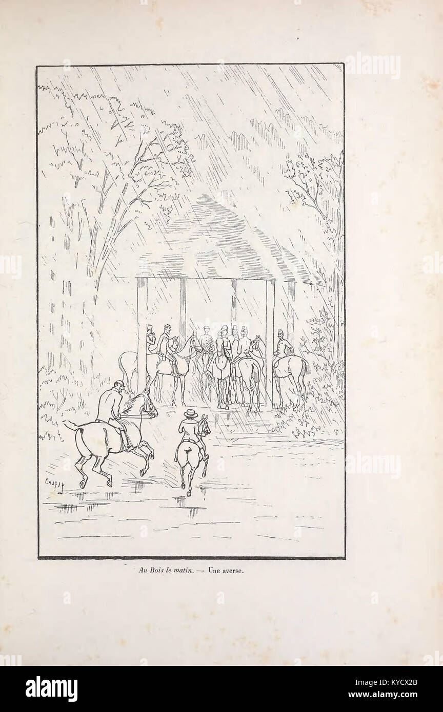 Une illustration de Paris à cheval représentant des cavaliers à cheval à travers Paris, capturant des éléments du mouvement urbain et de la vie sociale au XIXe siècle. Banque D'Images