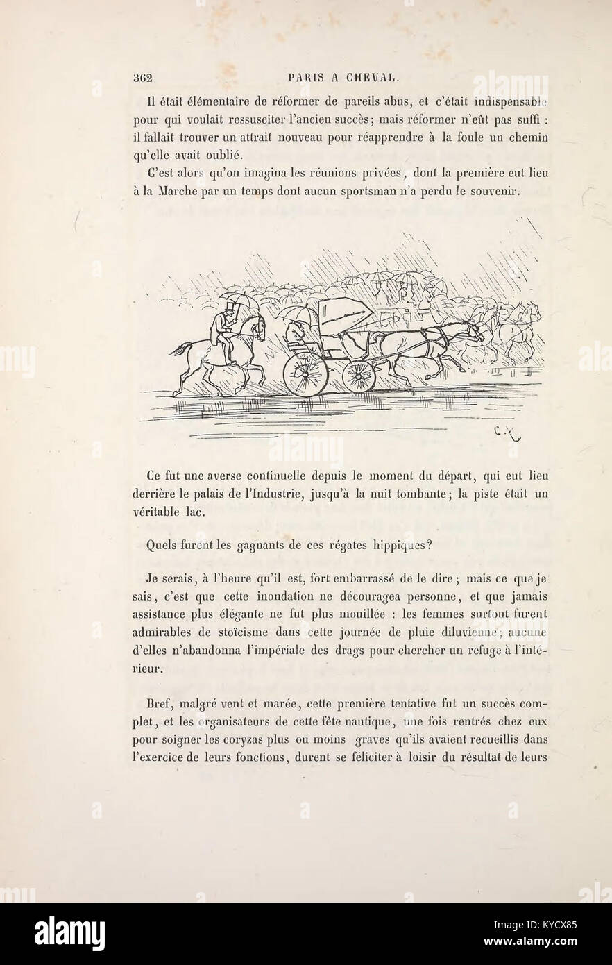 Une image gravée de la fin du XIXe siècle montre un cheval dessinant une calèche à Paris, illustrant le rôle de la puissance animale dans la mobilité urbaine avant les véhicules à moteur. Banque D'Images