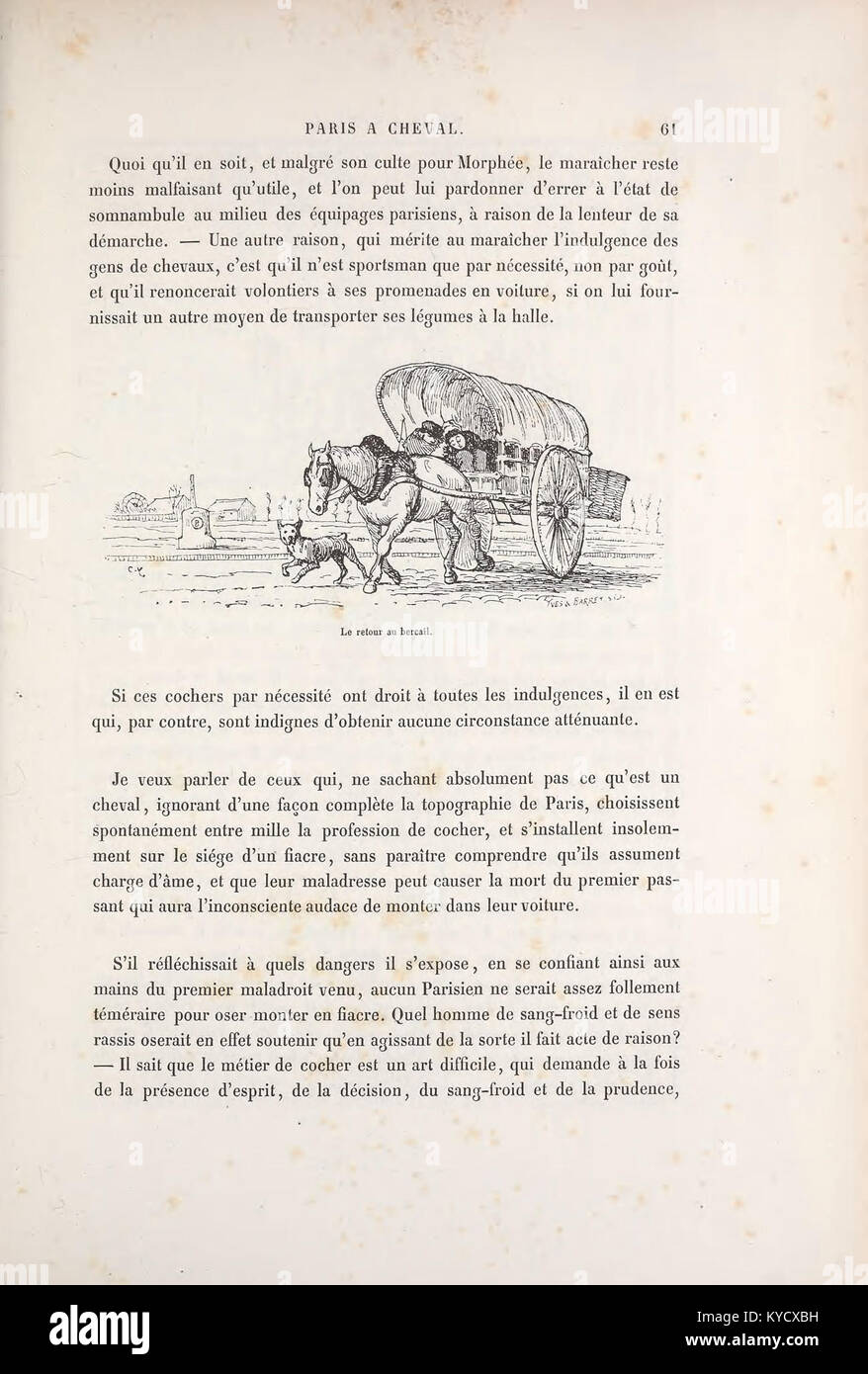 Une illustration de Paris à cheval représentant des scènes de chevaux dans Paris du XIXe siècle, montrant des aspects de la vie sociale et du mouvement urbain à travers la représentation artistique. Banque D'Images