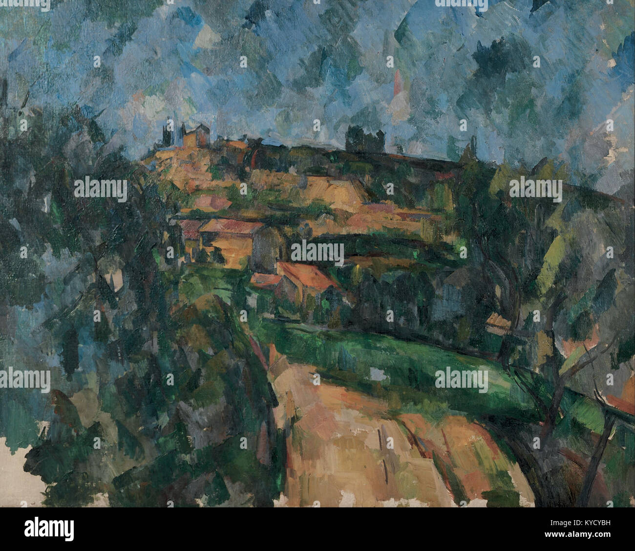 Peinture de paysage de Paul Cézanne intitulée 'virage de la route au sommet du chemin des Lauves', montrant une route sinueuse entourée d'arbres et de collines à Aix-en-Provence. Banque D'Images