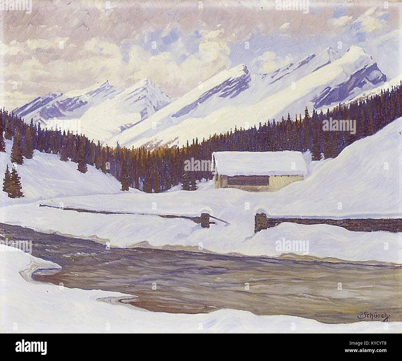 La peinture de Paul Schürch 'Sonniger Wintertag' montre un paysage hivernal serein, mettant en évidence des paysages enneigés, des effets de lumière du soleil et une perspective atmosphérique pour transmettre la tranquillité. Banque D'Images