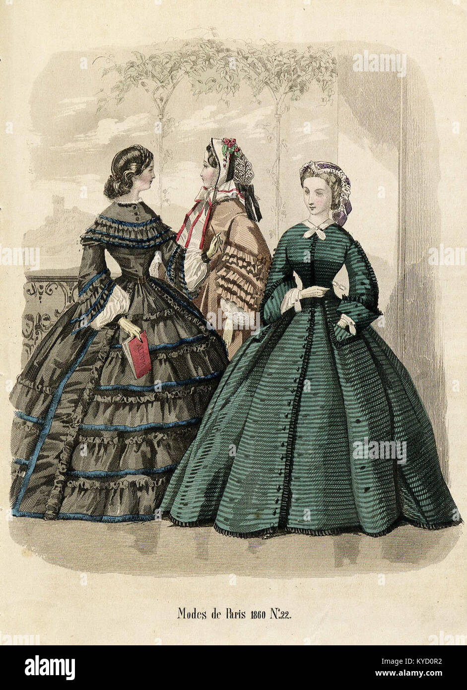 Illustration de mode tirée du magazine suédois Penelope de 1860, représentant les vêtements féminins et les thèmes sociaux de la culture et du mode de vie du milieu du XIXe siècle. Banque D'Images