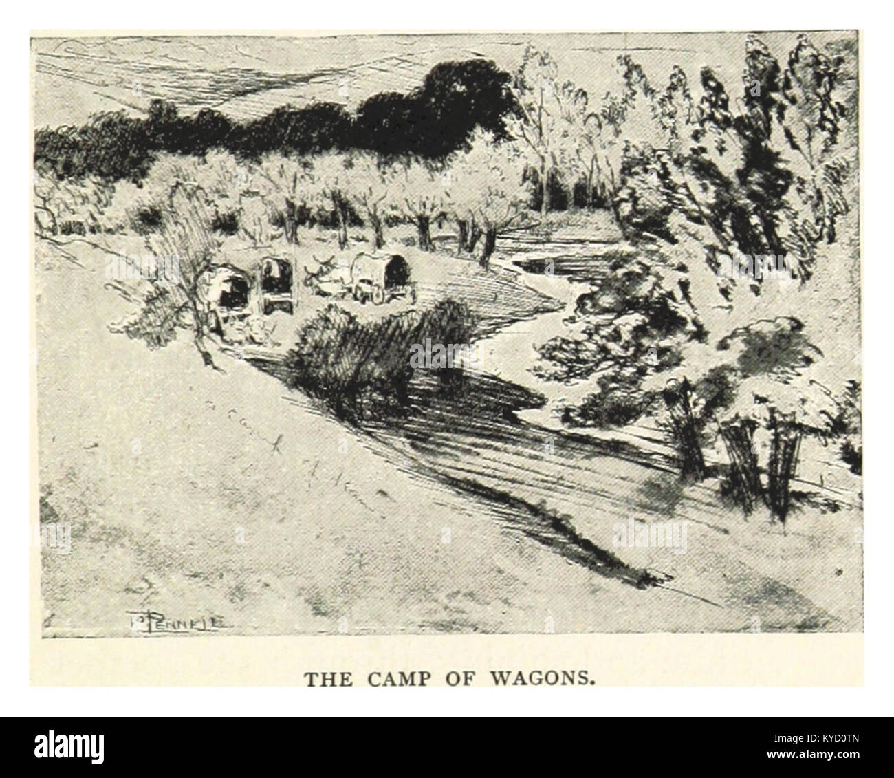 Cette illustration de la publication de Pennell en 1893 montre un camp de wagons, typique de la frontière américaine au XIXe siècle. La scène capture le mode de vie et les méthodes de survie des premiers colons. Banque D'Images