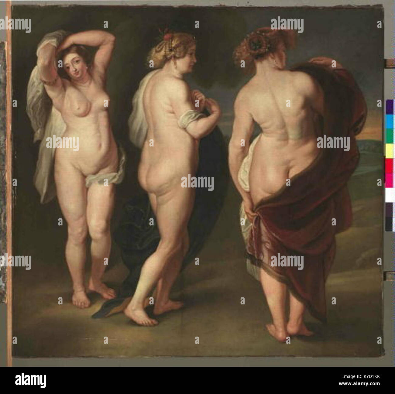 Une peinture baroque de Pierre Paul Rubens intitulée « Vénus, Junon et Minerve », représentant trois déesses mythologiques dans une composition dynamique caractérisée par le mouvement, la couleur et le symbolisme classique. Banque D'Images