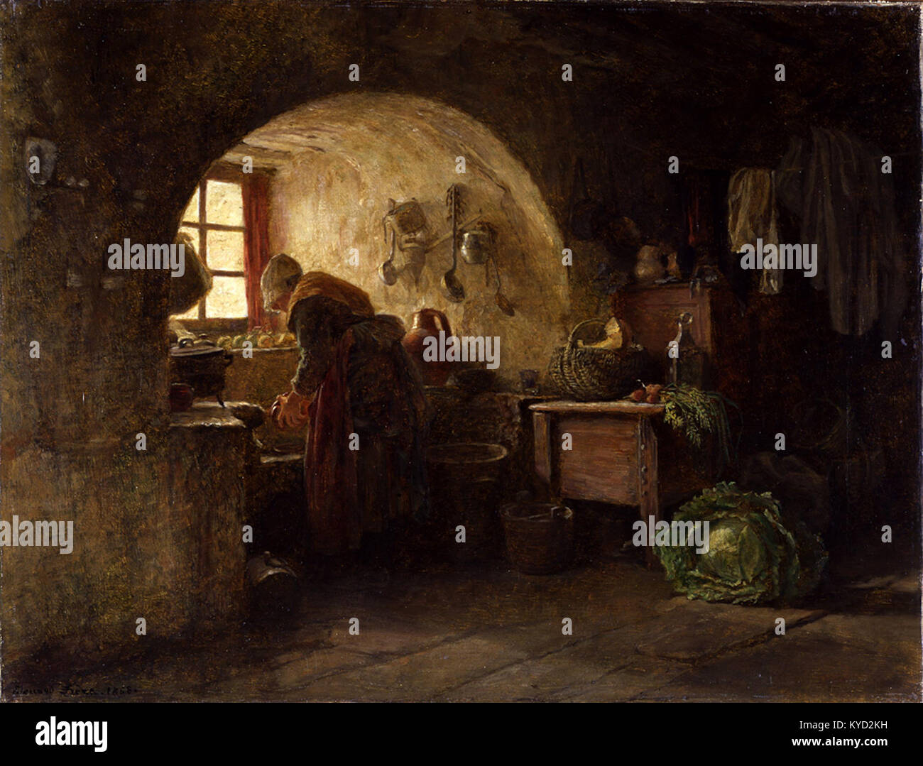 Une peinture de l'artiste français Pierre-Édouard frère intitulée préparer le dîner, représentant un intérieur domestique avec des personnages engagés dans l'activité domestique, reflétant le genre du XIXe siècle Banque D'Images