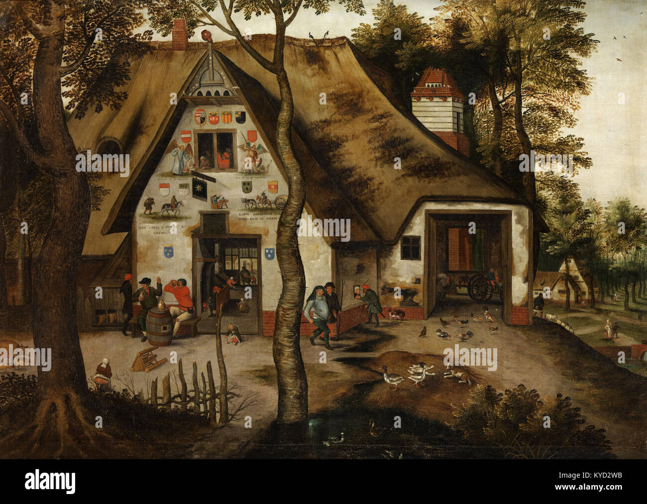 Une peinture de Pieter Brueghel le jeune représentant une scène de village animée avec une taverne près de Michael, capturant la vie rurale quotidienne en Flandre du XVIIe siècle avec une observation sociale détaillée. Banque D'Images