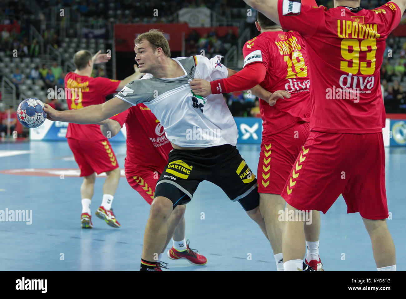 Zagreb, Croatie. 13 janvier, 2018. Championnats d'Europe de handball masculin en EHF EURO 2018, Groupe C match Allemagne - Monténégro 32:19. En action Paul DRUX (95) Credit : Dario Vuksanovic/Alamy Live News Banque D'Images