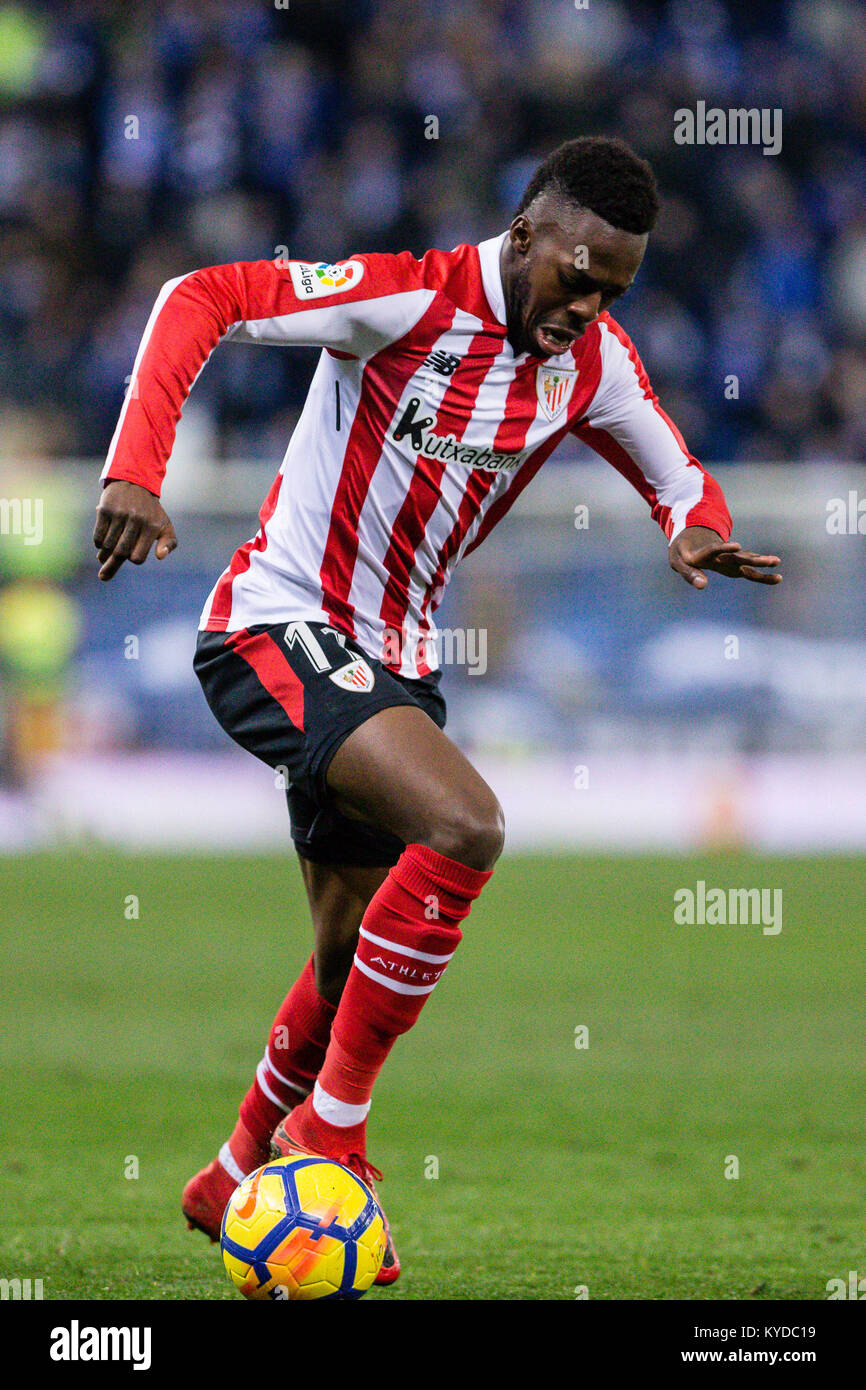 Athletic Club en avant Inaki Williams (11) pendant le match entre l'Espanyol v Athletic Club, pour le cycle 19 de la Liga Santander, jouée au stade RCDE le 14 janvier 2018 à Barcelone, Espagne. Banque D'Images