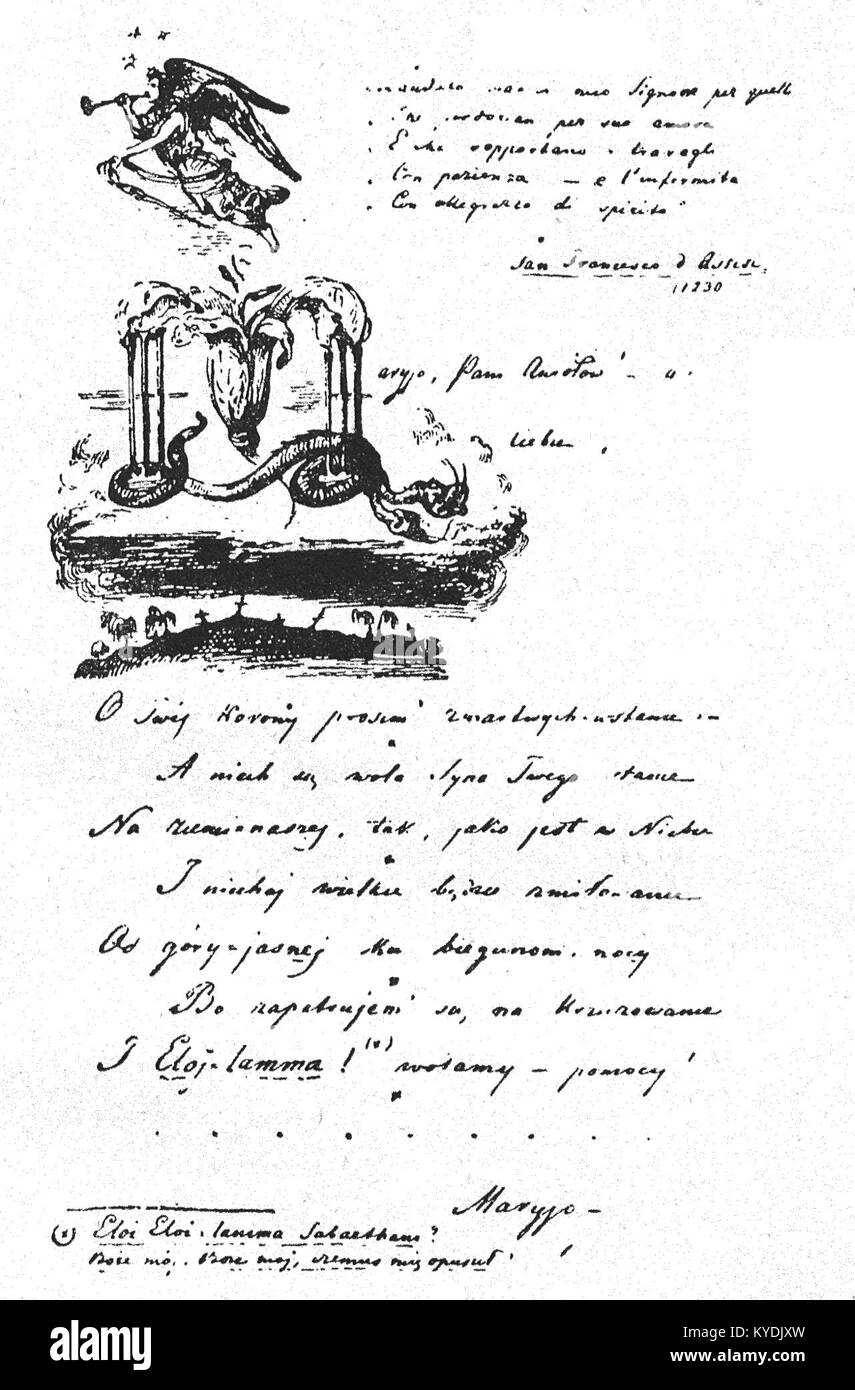 Une page manuscrite de Dzieła Chyprejana Norwida (édition Pini) montrant l’autographe du poème Maryjo de Norwid, Pani Aniołów. Il reflète le style littéraire et les thèmes spirituels distinctifs du poète polonais du XIXe siècle. Banque D'Images