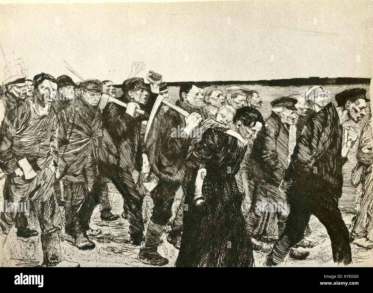 « La marche des tisserands » de Käthe Kollwitz (1897) est une gravure représentant des ouvriers à Berlin, reflétant les conditions sociales et les mouvements ouvriers à la fin du XIXe siècle en Allemagne. Banque D'Images
